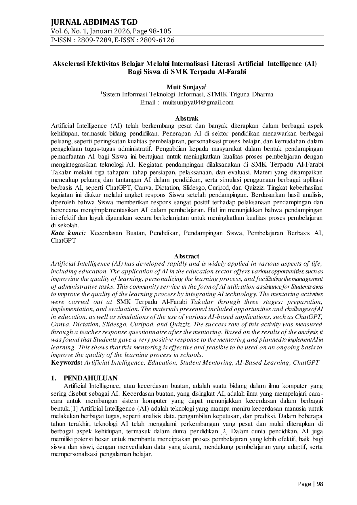 JURIS Akselerasi Efektivitas Belajar Melalui Internalisasi Literasi Artificial Intelligence AI Bagi Siswa di SMK Terpadu Al Farabi