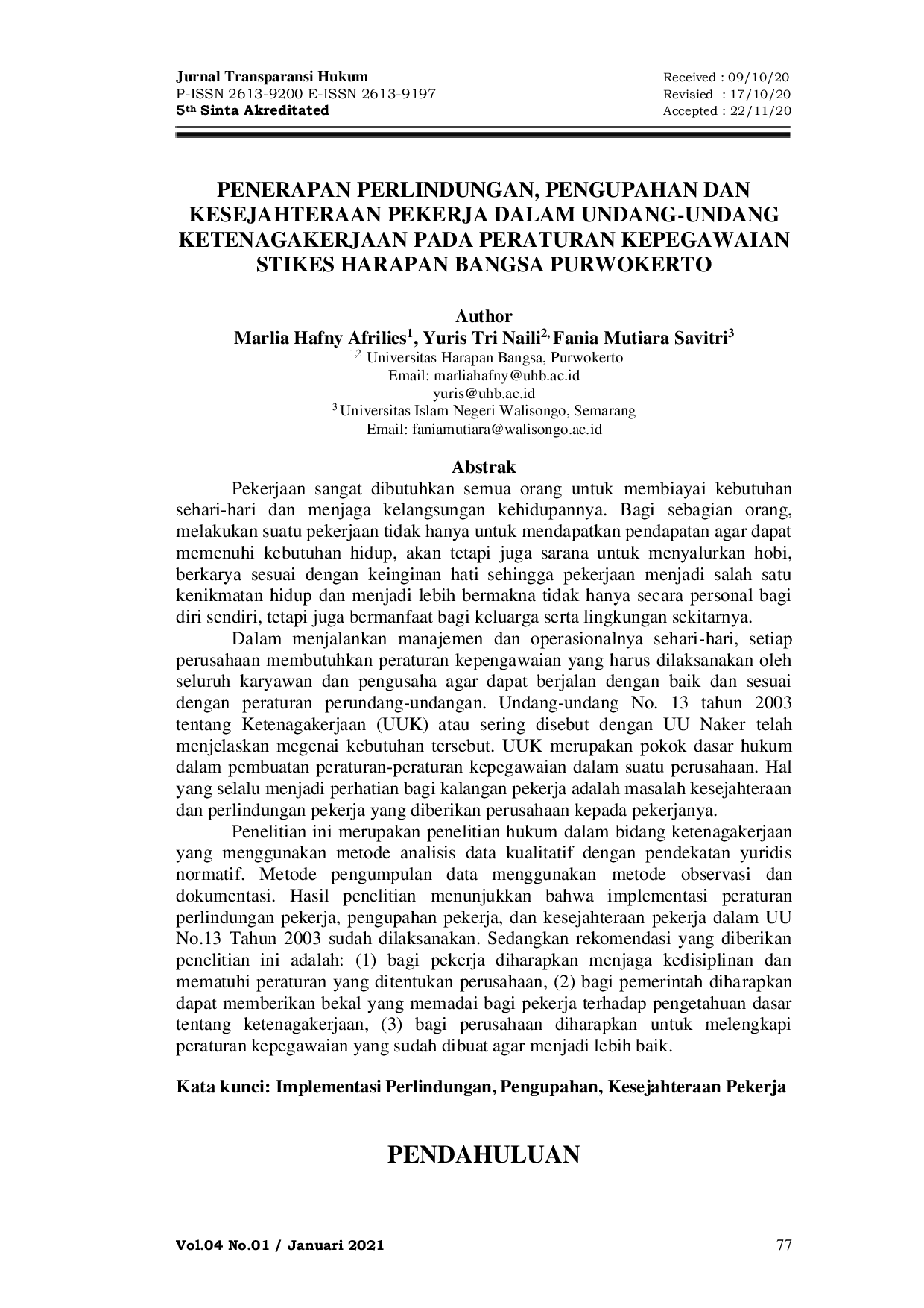 JURIS Penerapan Perlindungan Pengupahan Dan Kesejahteraan Pekerja Dalam Undang Undang Ketenagakerjaan Pada Peraturan Kepegawaian STIKES Harapan Bangsa Purwokerto