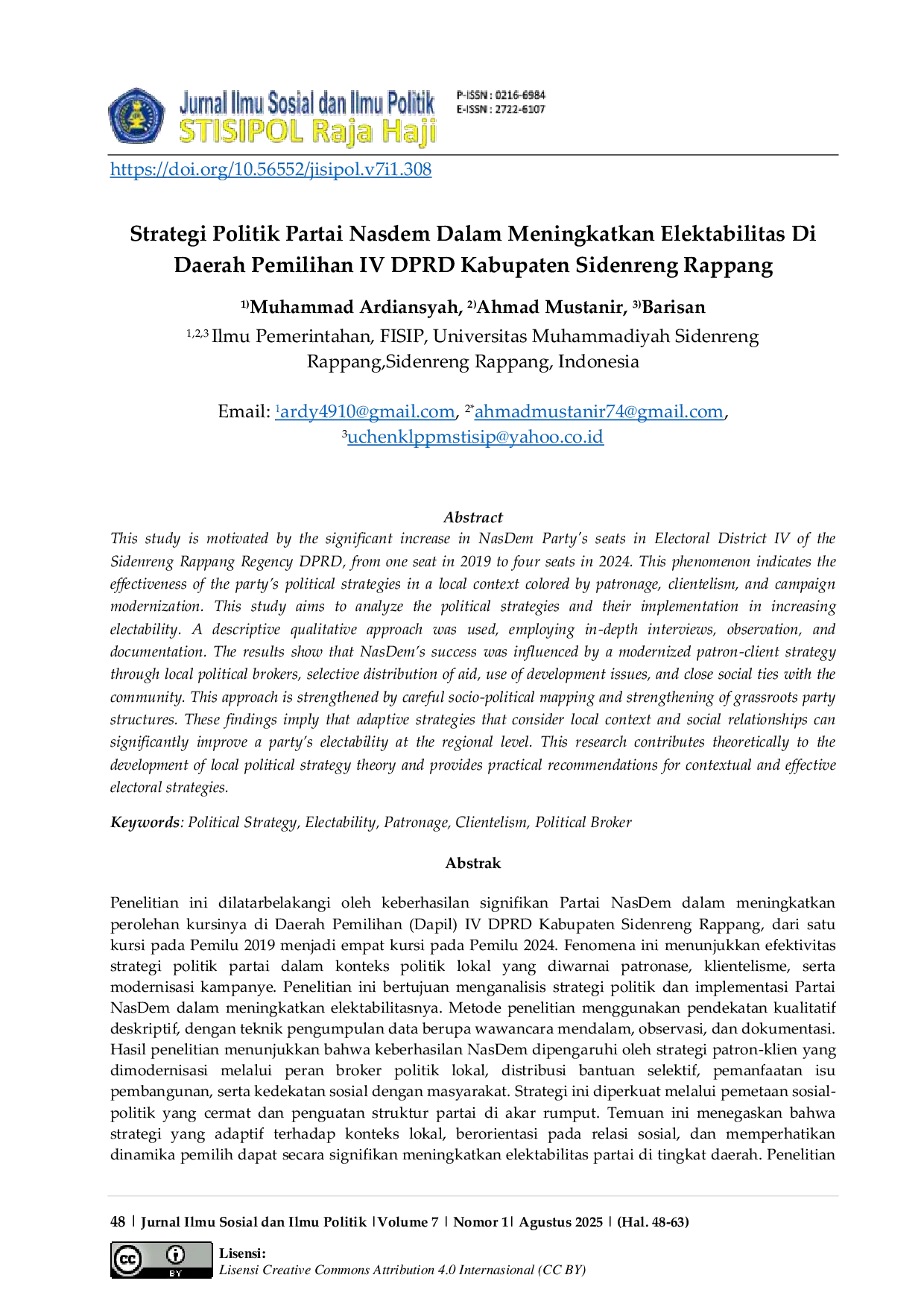 JURIS Strategi Politik Partai Nasdem dalam Meningkatkan Elektabilitas di Daerah Pemilihan IV DPRD Kabupaten Sidenreng Rappang
