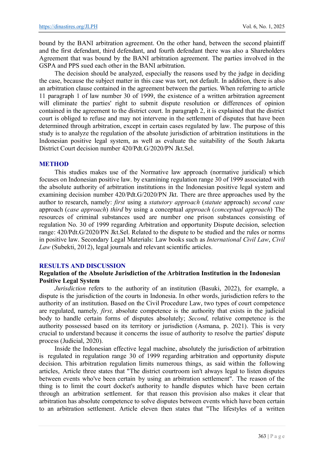 JURIS Absolute Jurisdiction Of Arbitration Institutions According To Indonesian Positive Law Analysis Of The Decision Of The South Jakarta State Court Number 420 Pdt G 2020