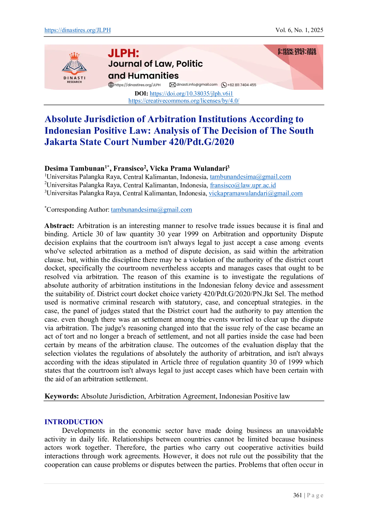 JURIS Absolute Jurisdiction Of Arbitration Institutions According To Indonesian Positive Law Analysis Of The Decision Of The South Jakarta State Court Number 420 Pdt G 2020