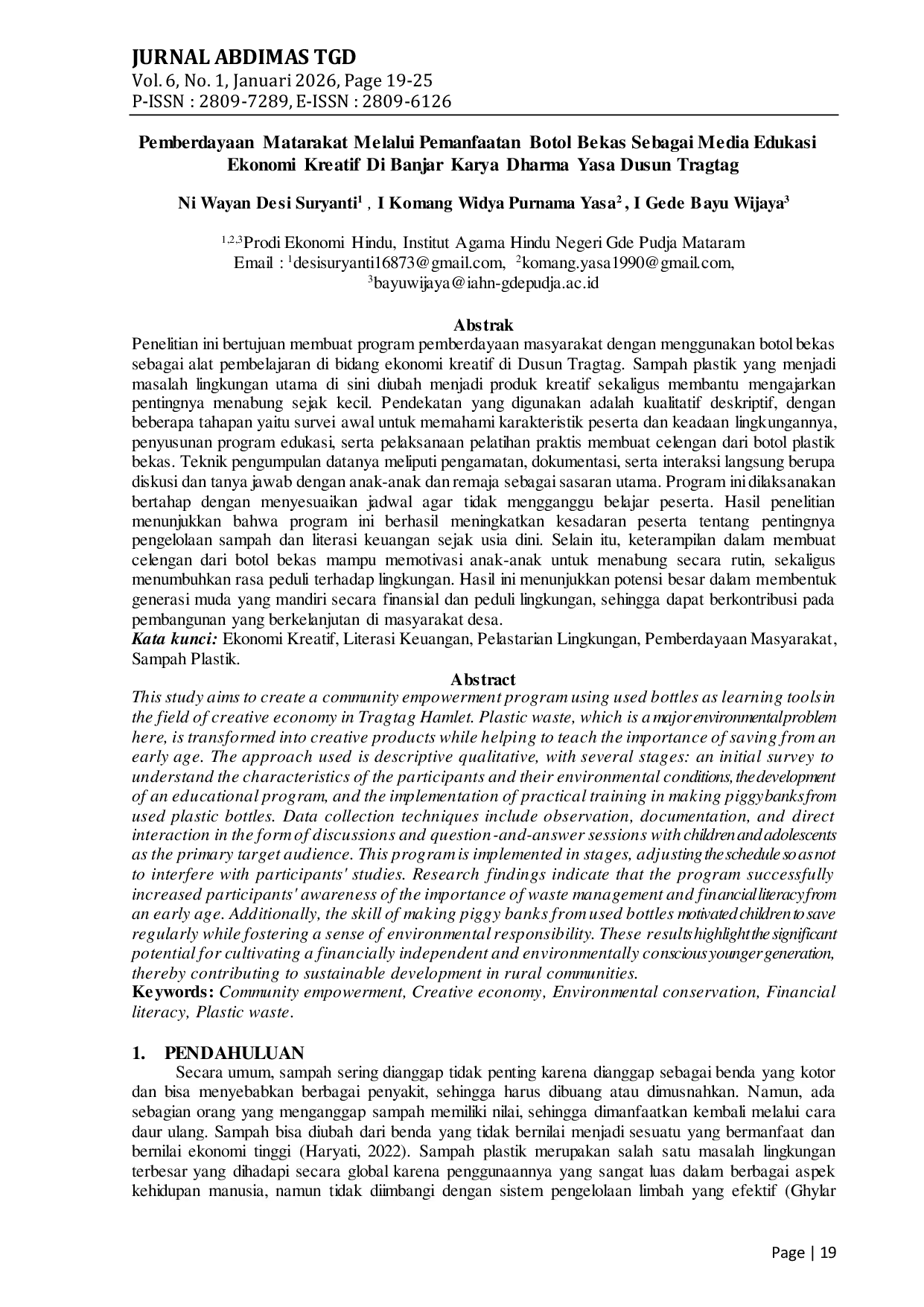 JURIS Pemberdayaan Masyarakat Melalui Pemanfaatan Botol Bekas Sebagai Media Edukasi Ekonomi Kreatif Di Banjar Karya Dharma Yasa Dusun Tragtag