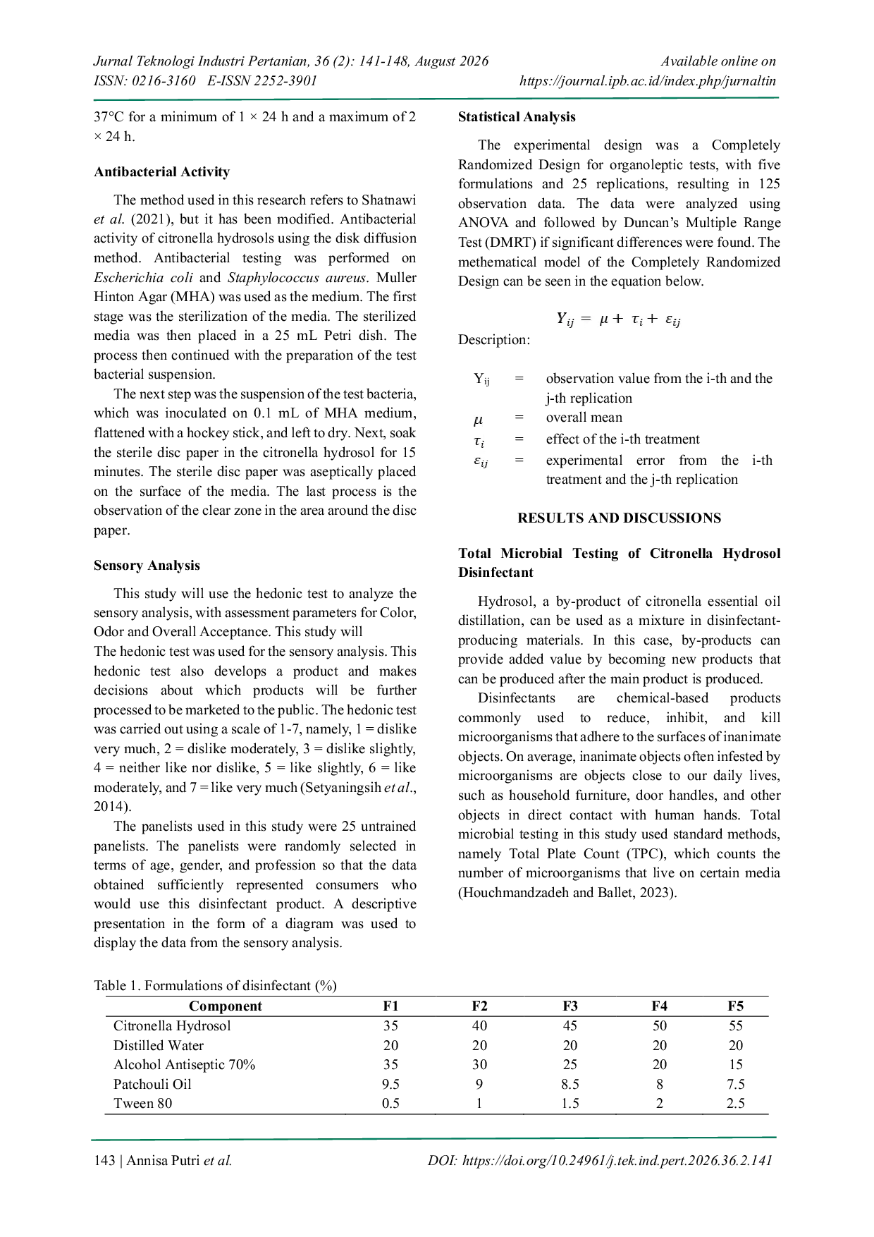 JURIS Utilization Of Citronella Hydrosol As A Disinfectant Product With The Addition Of Patchouli Oil As A Fixative Compounds