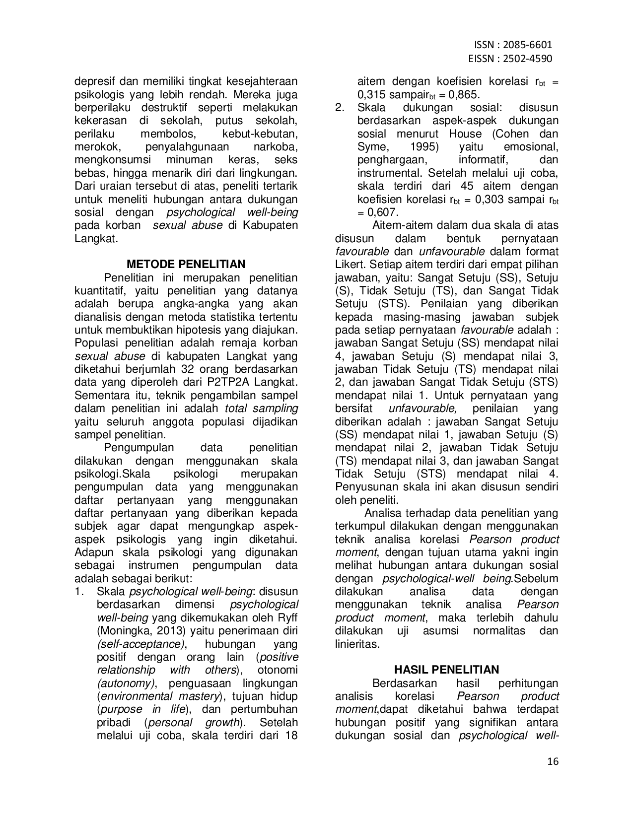 JURIS Hubungan Dukungan Sosial Dengan Psychological Well Being Pada Remaja Korban Sexual Abuse