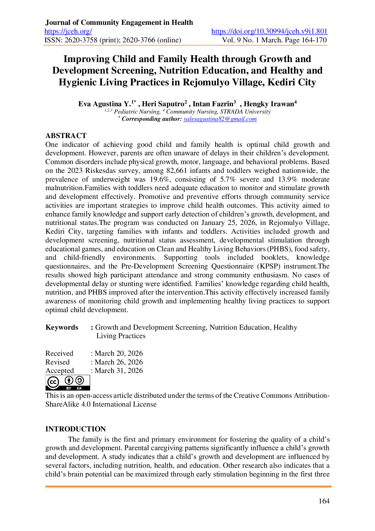 JURIS Improving Child and Family Health through Growth and Development Screening Nutrition Education and Healthy and Hygienic Living Practices in Rejomulyo Village Kediri City