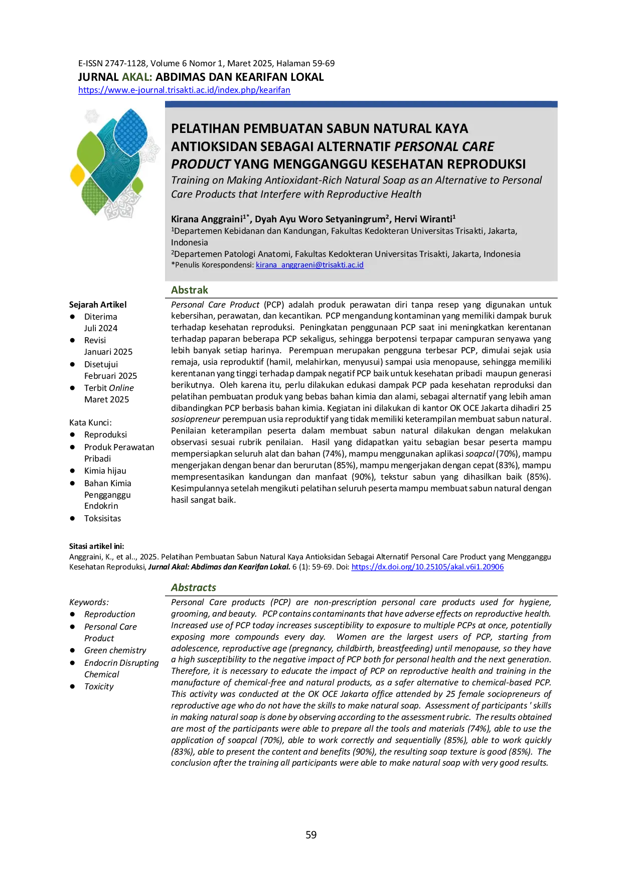 JURIS Pelatihan Pembuatan Sabun Natural Kaya Antioksidan Sebagai Alternatif Personal Care Product yang Mengganggu Kesehatan Reproduksi