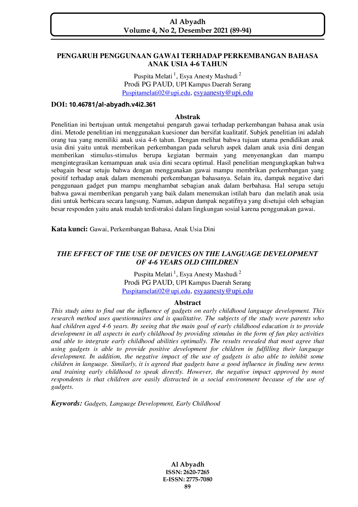 JURIS Pengaruh Penggunaan Gawai Terhadap Perkembangan Bahasa Anak Usia 4 6 Tahun