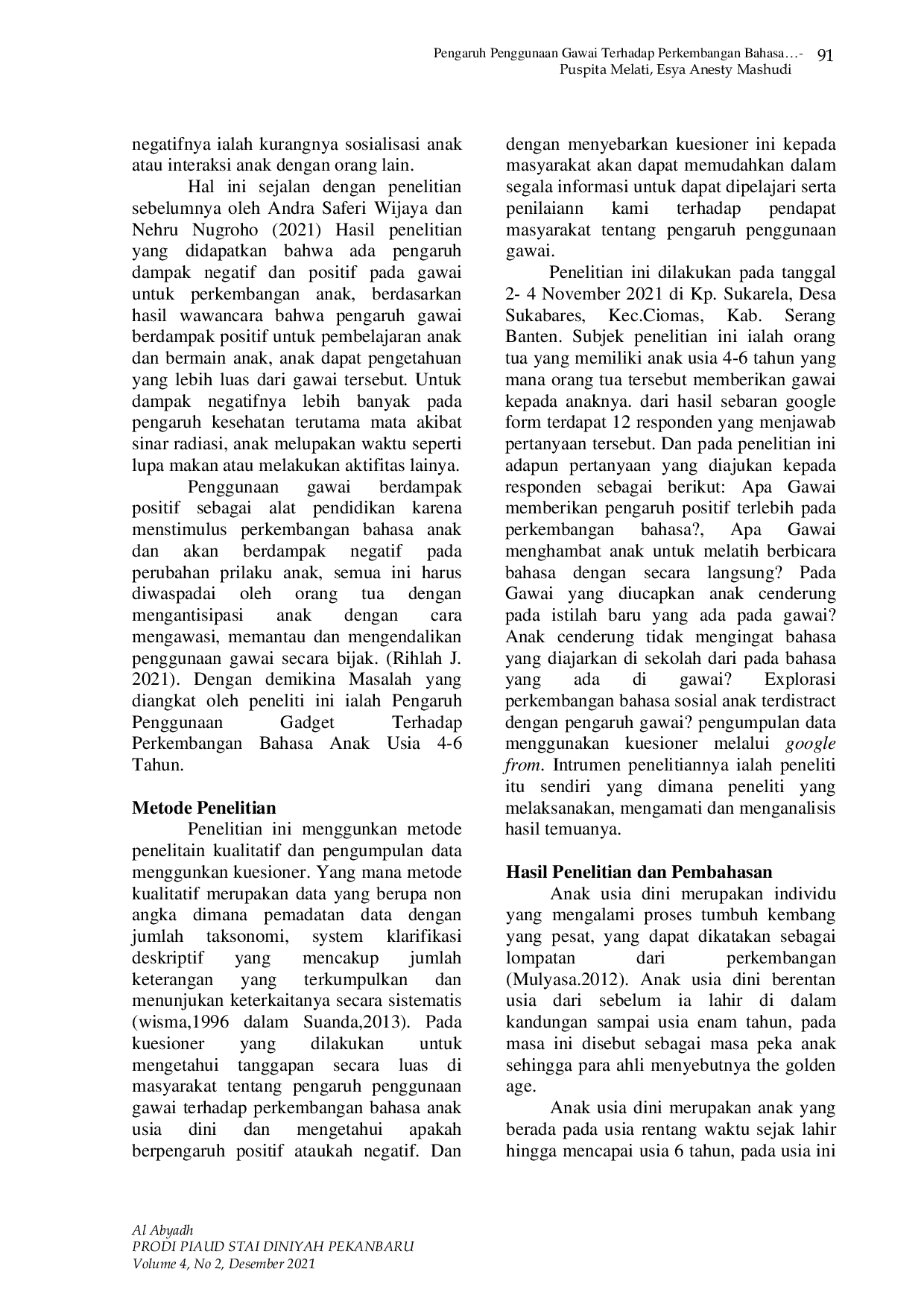 JURIS Pengaruh Penggunaan Gawai Terhadap Perkembangan Bahasa Anak Usia 4 6 Tahun