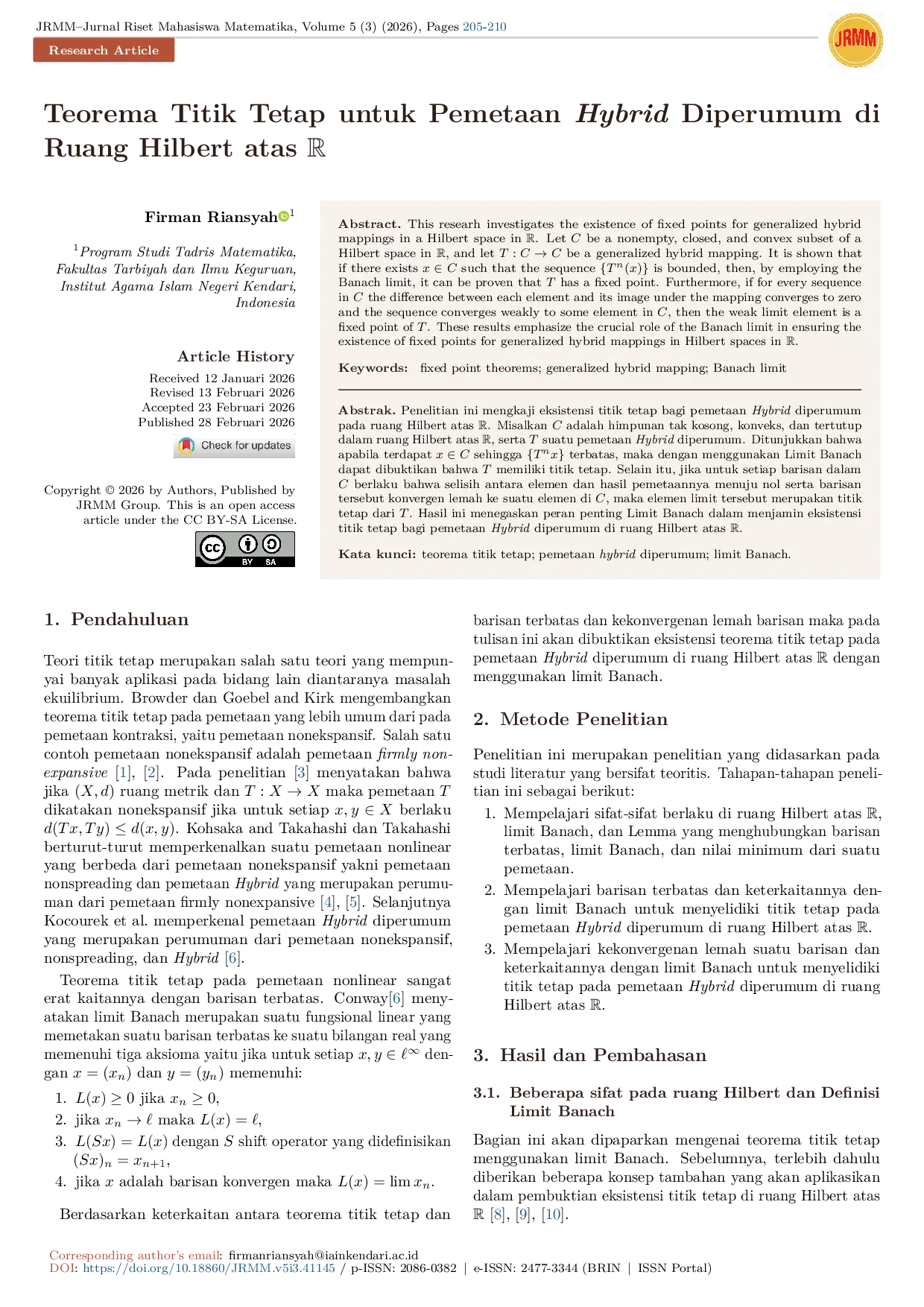 JURIS Teorema Titik Tetap untuk Pemetaan Hybrid Diperumum di Ruang Hilbert atas R