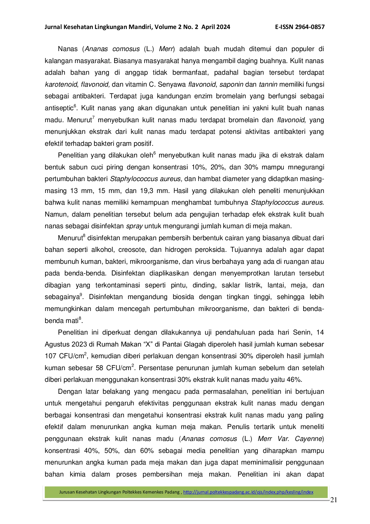 JURIS Efektivitas Penggunaan Ekstrak Kulit Nanas Madu Sebagai Disinfektan Spray Terhadap Penurunan Angka Kuman Meja Makan