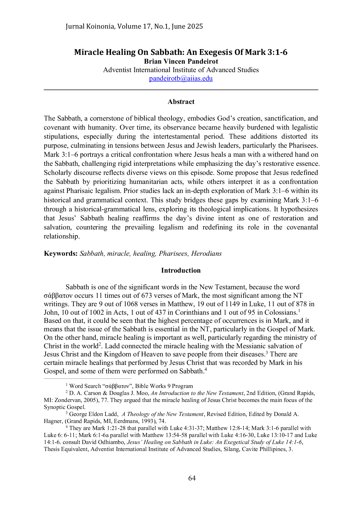 JURIS Miracle Healing On Sabbath An Exegesis Of Mark 3 1 6