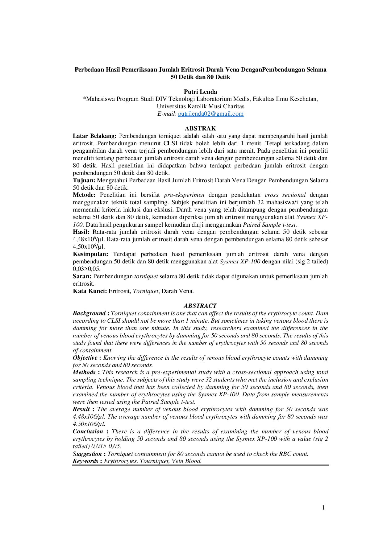 JURIS Perbedaan Hasil Pemeriksaan Jumlah Eritrosit Darah Vena Dengan Pembendungan Selama 50 Detik dan 80 Detik