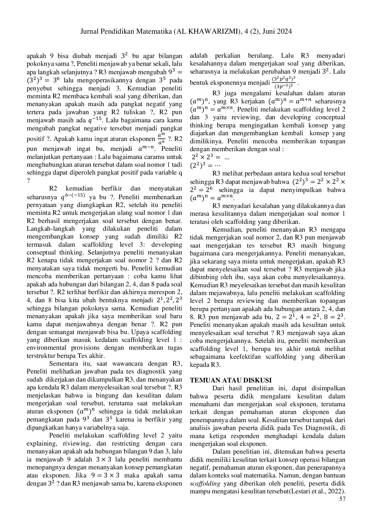 JURIS Strategi Scaffolding Untuk Mengatasi Tantangan Pengerjaan Soal Eksponen Pada Peserta Didik Sekolah Menengah Kejuruan