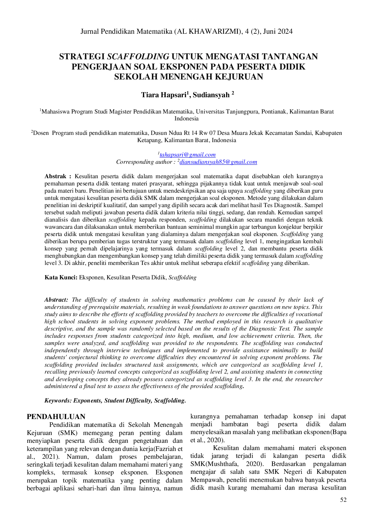 JURIS Strategi Scaffolding Untuk Mengatasi Tantangan Pengerjaan Soal Eksponen Pada Peserta Didik Sekolah Menengah Kejuruan