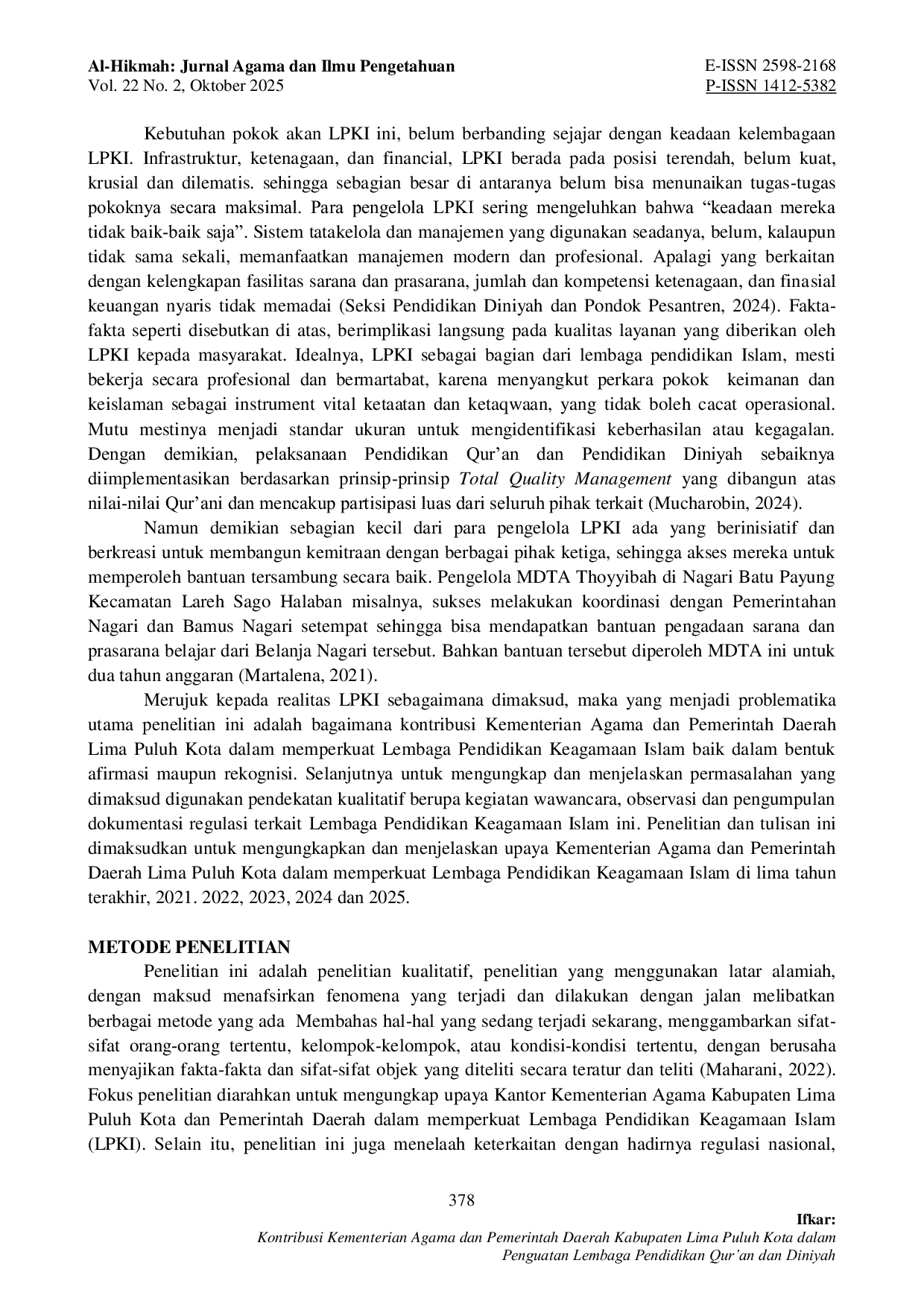 JURIS Kontribusi Kementerian Agama dan Pemerintah Daerah Kabupaten Lima Puluh Kota dalam Penguatan Lembaga Pendidikan Qur an dan Diniyah