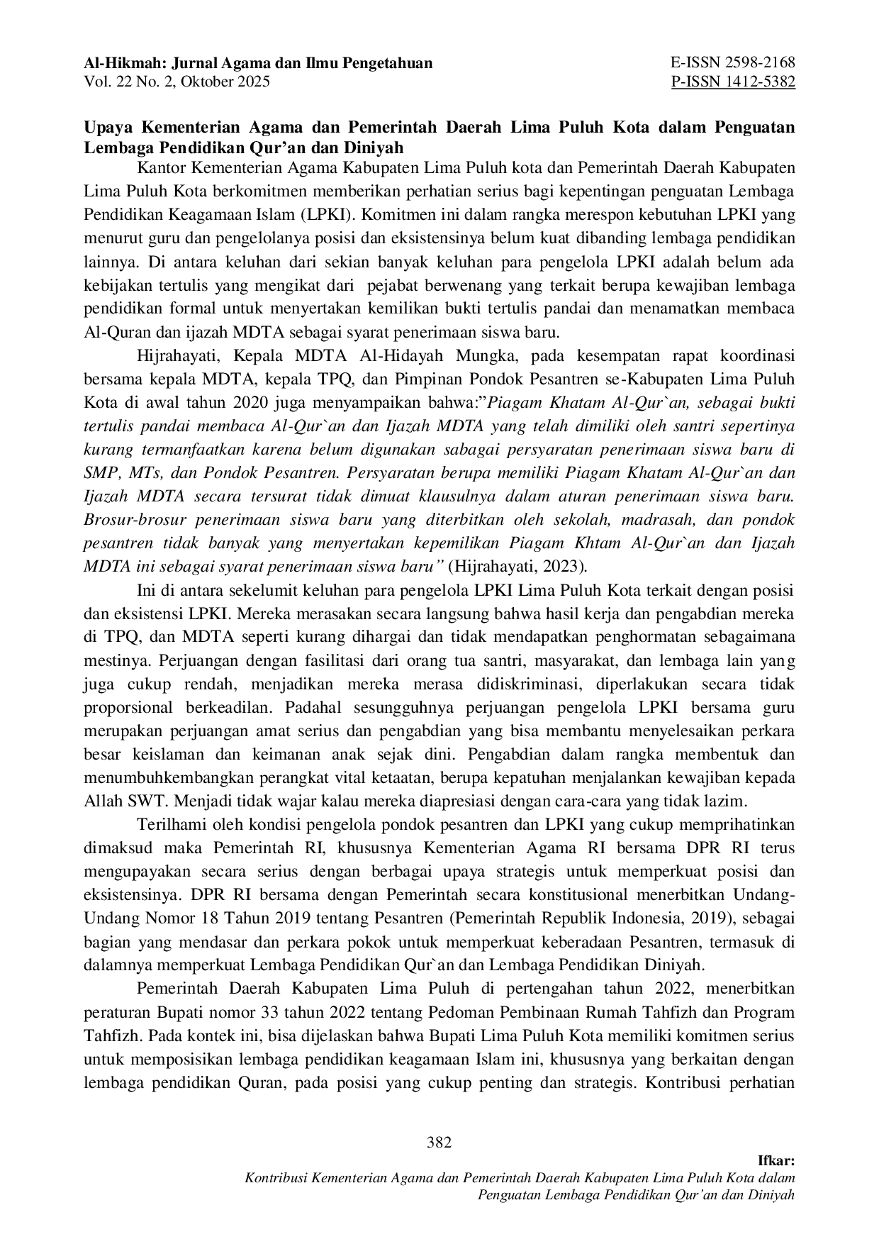 JURIS Kontribusi Kementerian Agama dan Pemerintah Daerah Kabupaten Lima Puluh Kota dalam Penguatan Lembaga Pendidikan Qur an dan Diniyah