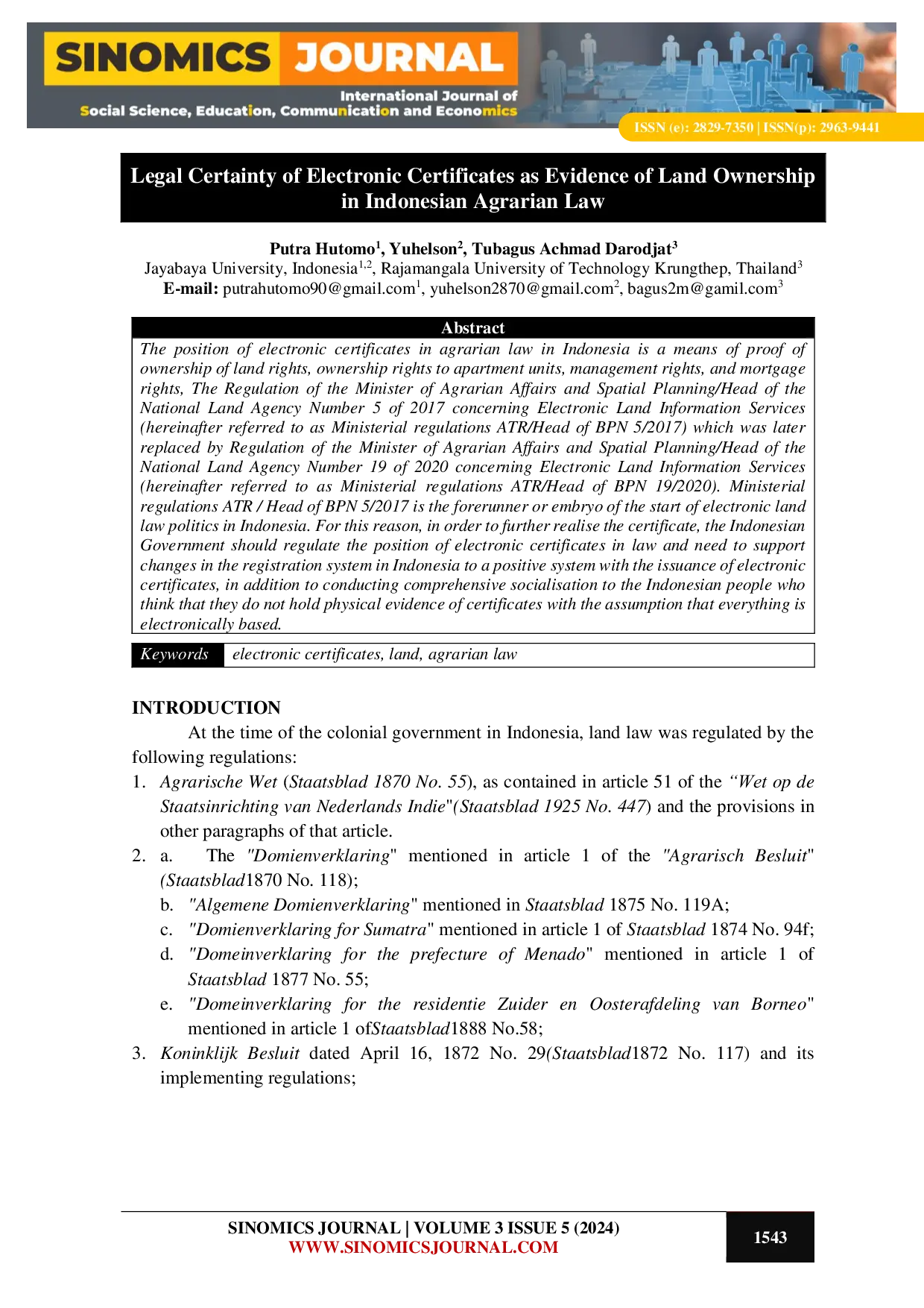 JURIS Legal Certainty of Electronic Certificates as Evidence of Land Ownership in Indonesian Agrarian Law