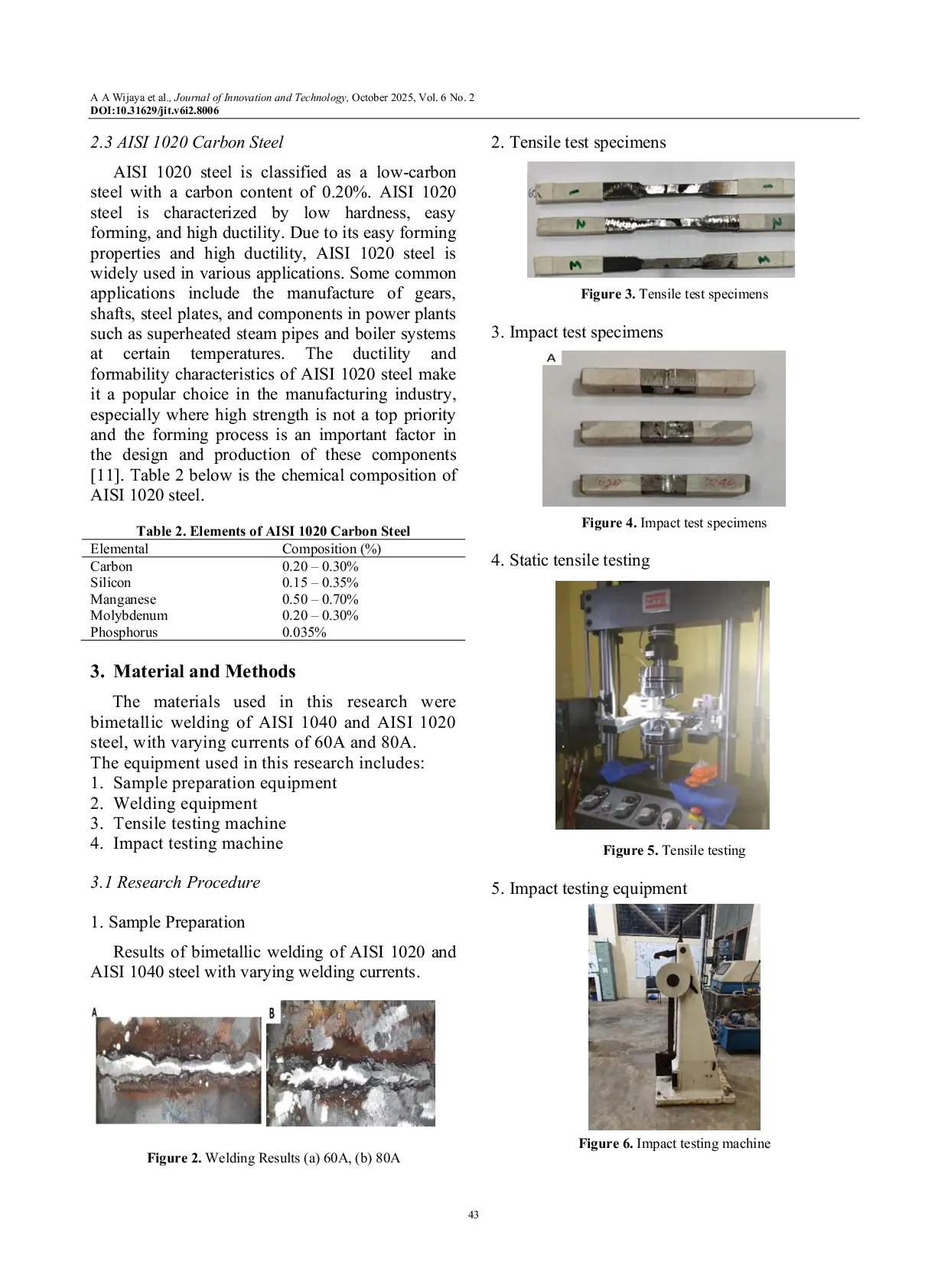 JURIS The Effect of Welding Current on the Mechanical Properties of AISI 1040 Steel and AISI 1020 Steel in Bimetal Welding Using the Shielded Metal Arc Welding Method with AWS E 7016 Electrodes