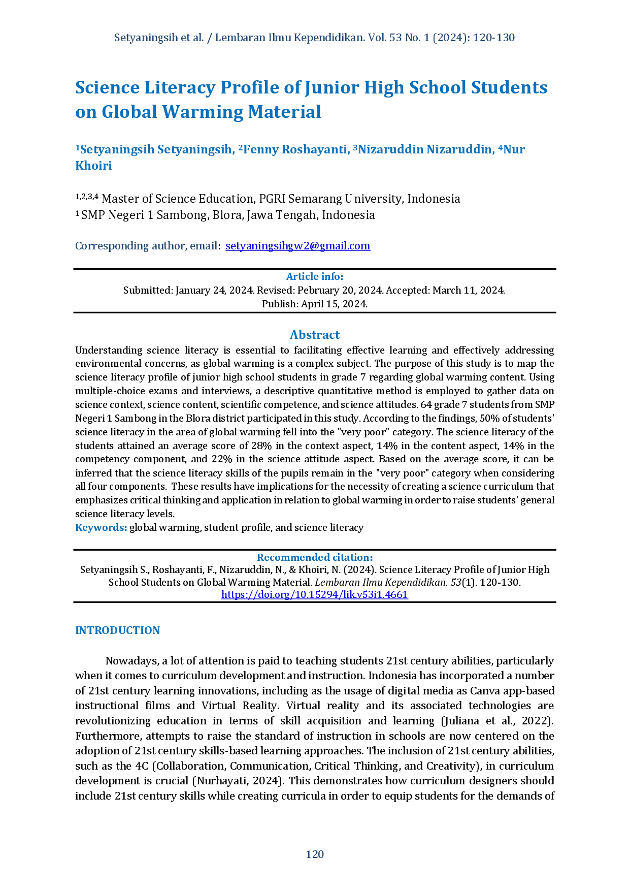 juris Science Literacy Profile Of Junior High School Students On Global Warming Material