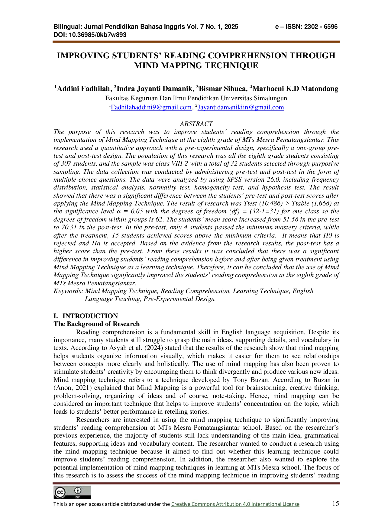 JURIS Improving Students Reading Comprehension Through Mind Mapping Technique