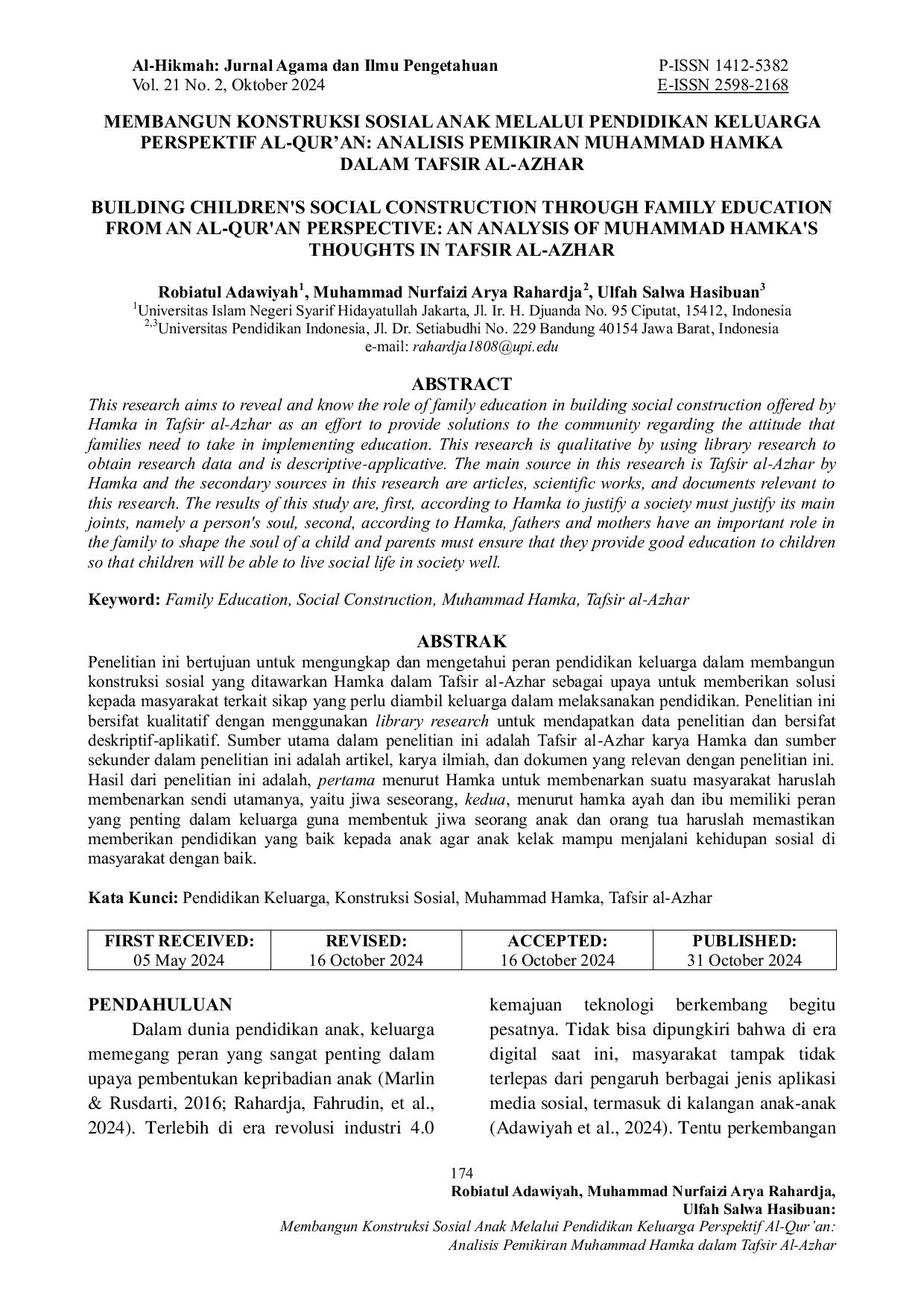 JURIS Membangun Konstruksi Sosial Anak Melalui Pendidikan Keluarga Perspektif Al Qur an Analisis Pemikiran Muhammad Hamka dalam Tafsir Al Azhar