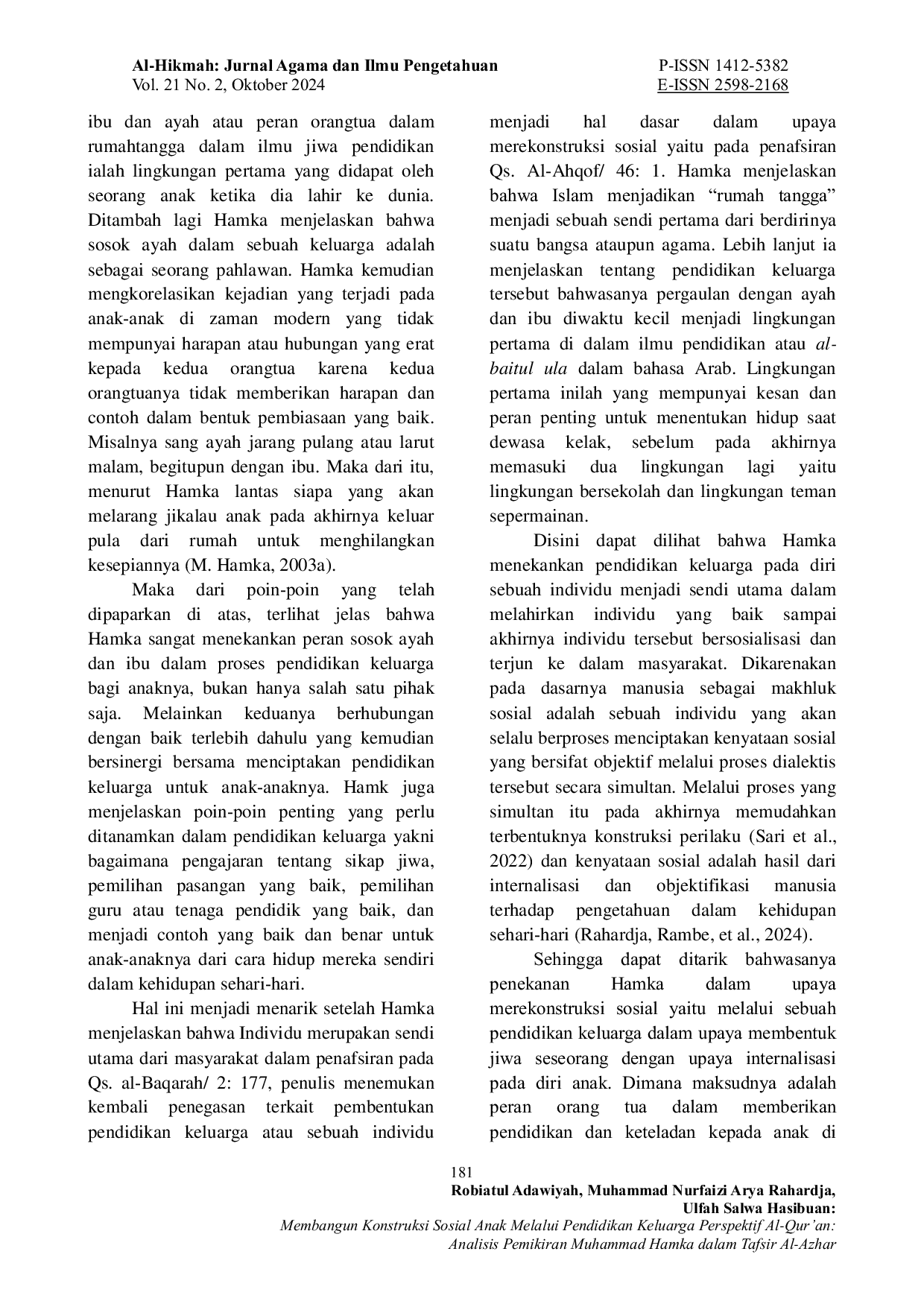 JURIS Membangun Konstruksi Sosial Anak Melalui Pendidikan Keluarga Perspektif Al Qur an Analisis Pemikiran Muhammad Hamka dalam Tafsir Al Azhar