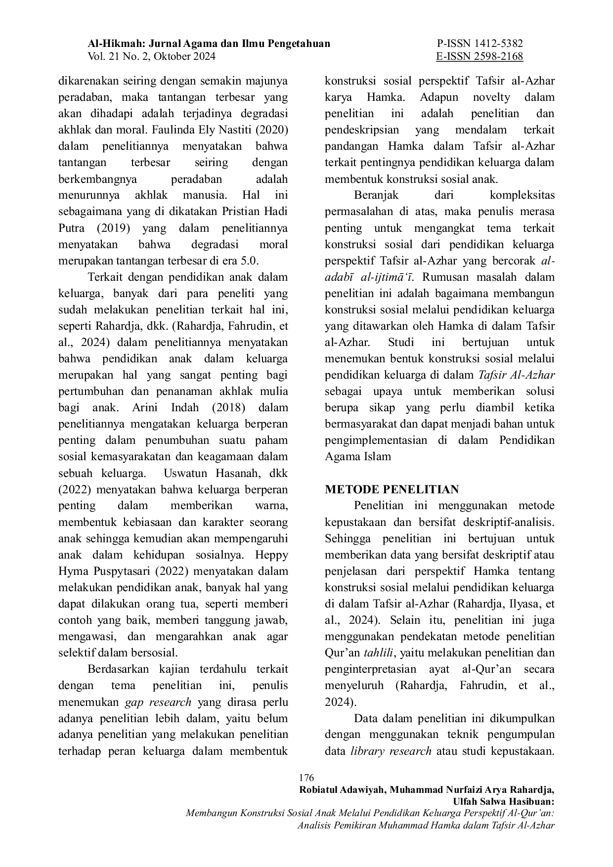 JURIS Membangun Konstruksi Sosial Anak Melalui Pendidikan Keluarga Perspektif Al Qur an Analisis Pemikiran Muhammad Hamka dalam Tafsir Al Azhar