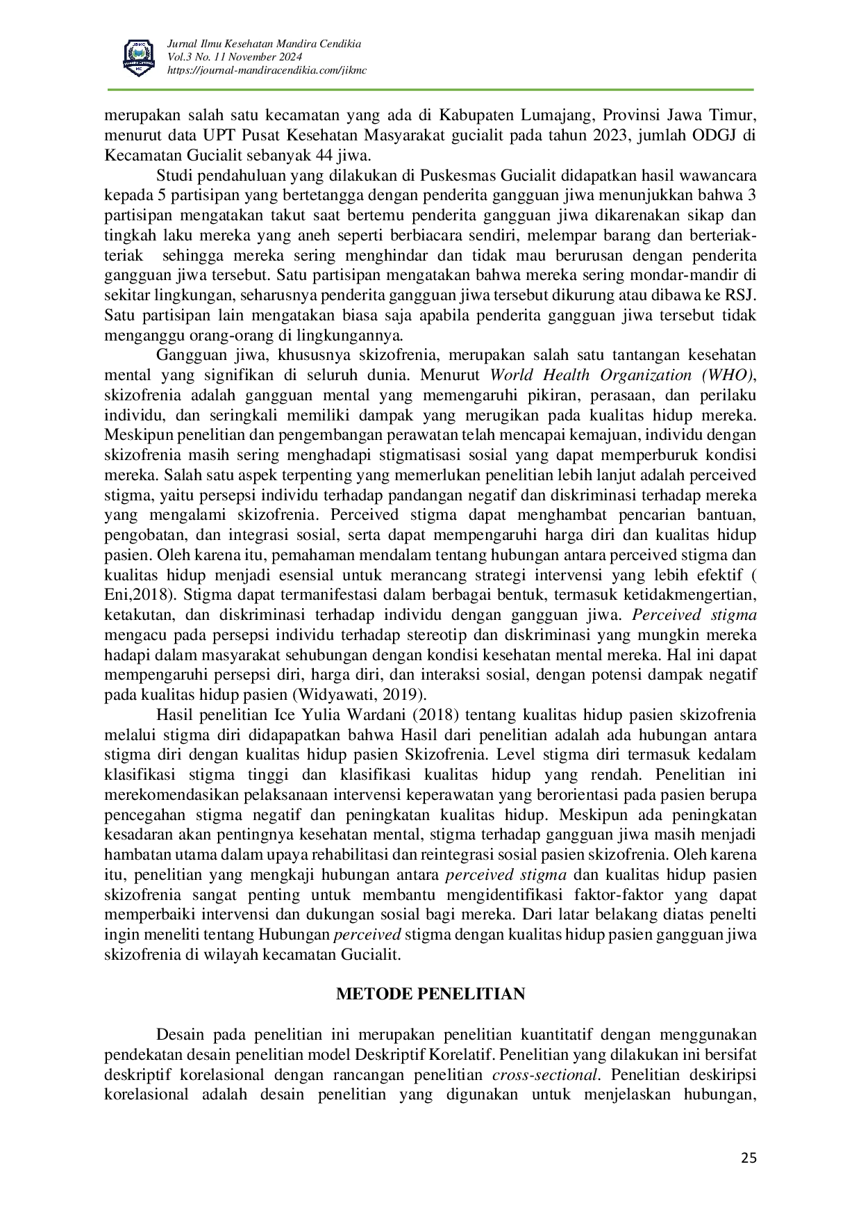 juris Hubungan Perceived Stigma Dengan Kualitas Hidup Pasien Gangguan Jiwa Skizofrenia Di Wilayah Kecamatan Gucialit