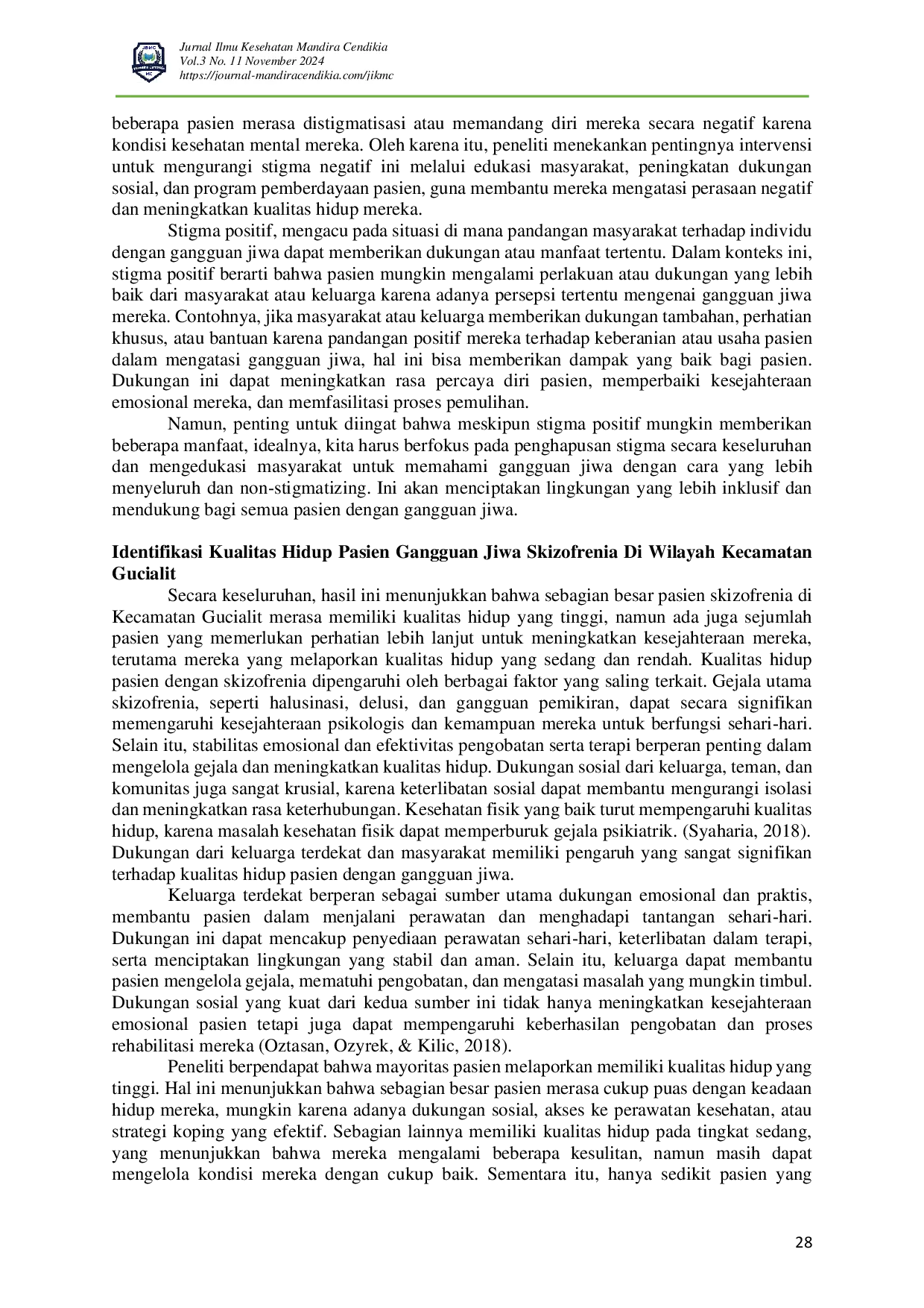 juris Hubungan Perceived Stigma Dengan Kualitas Hidup Pasien Gangguan Jiwa Skizofrenia Di Wilayah Kecamatan Gucialit
