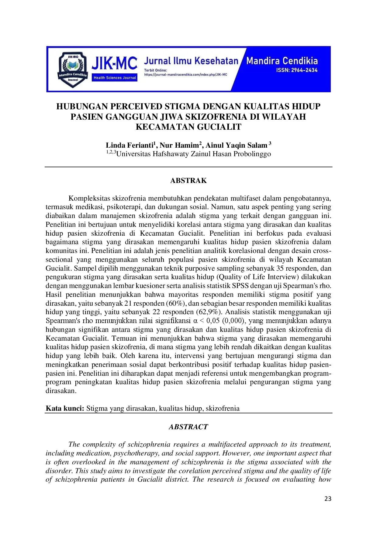 juris Hubungan Perceived Stigma Dengan Kualitas Hidup Pasien Gangguan Jiwa Skizofrenia Di Wilayah Kecamatan Gucialit