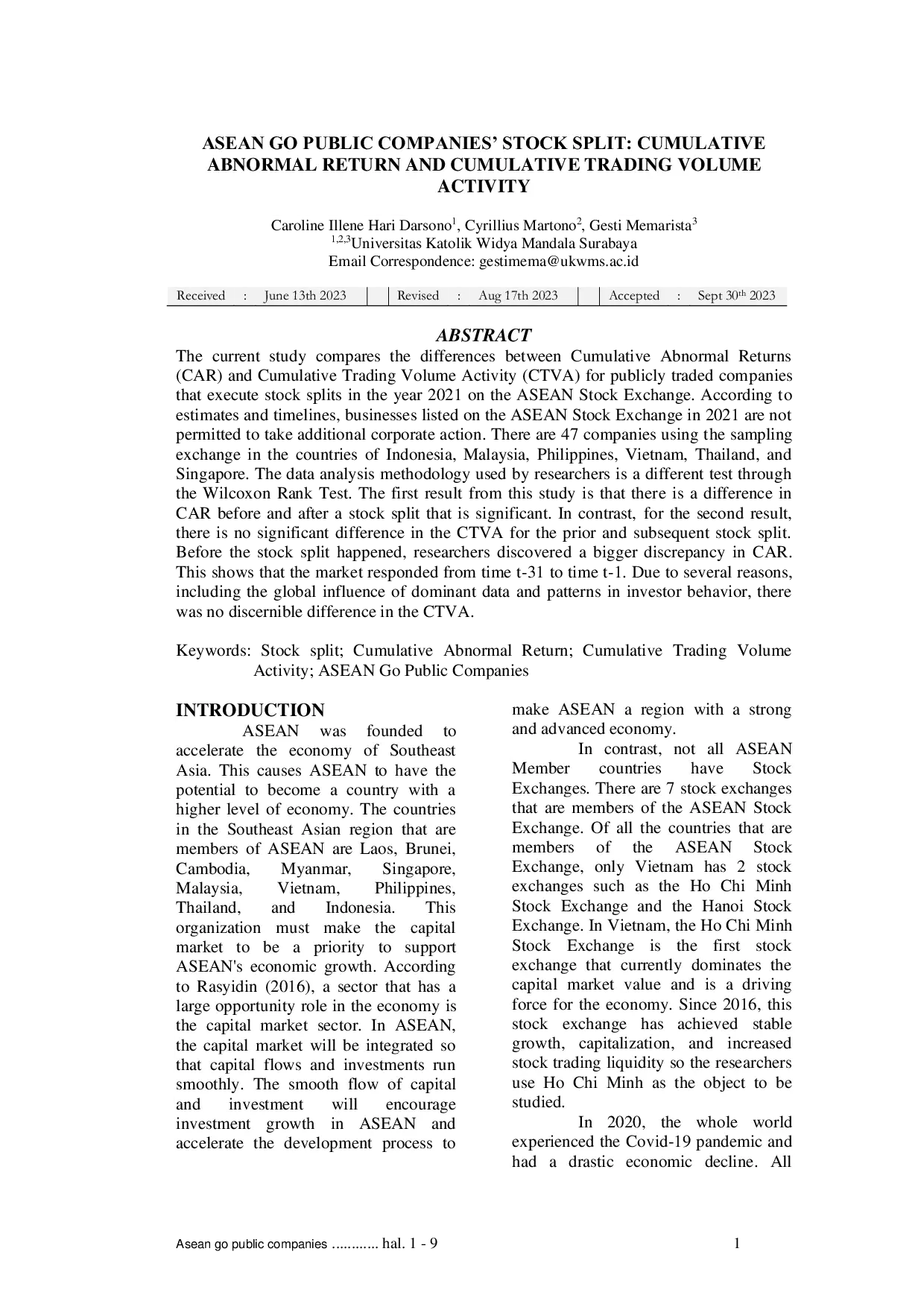 JURIS Asean Go Public Companies Stock Split Cumulative Abnormal Return And Cumulative Trading Volume Activity