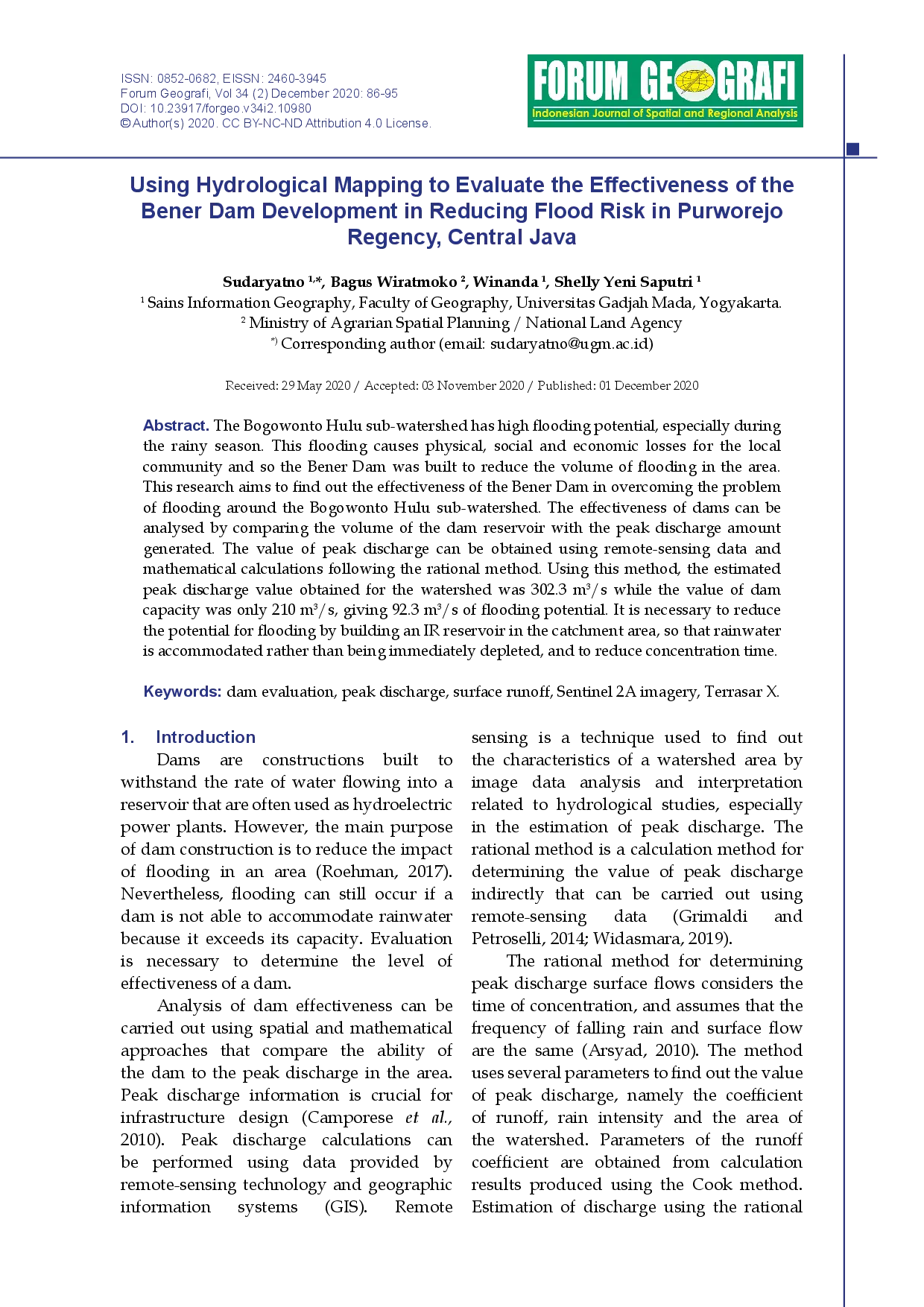 juris Using Hydrological Mapping to Evaluate the Effectiveness of the Bener Dam Development in Reducing Flood Risk in Purworejo Regency Central Java
