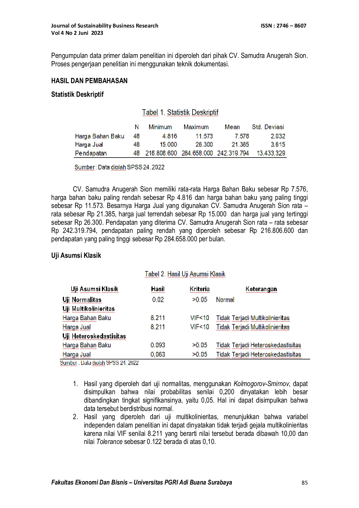 JURIS Dampak Kenaikan Harga Bahan Baku dan Harga Jual Terhadap Pendapatan CV Samudra Anugerah Sion