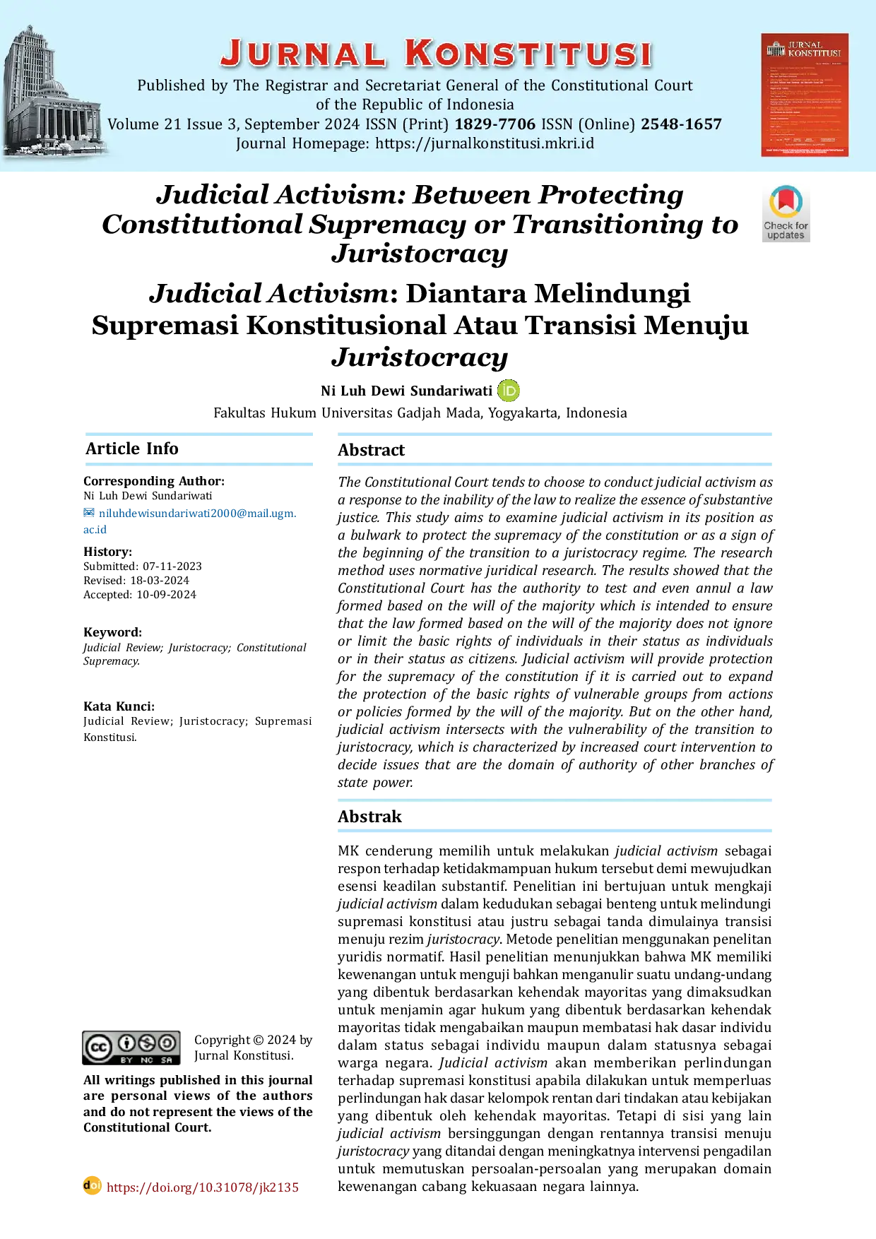 JURIS Judicial Activism Between Protecting Constitutional Supremacy or Transitioning to Juristocracy Judicial Activism Diantara Melindungi Supremasi Konstitusional Atau Transisi Menuju Juristocracy