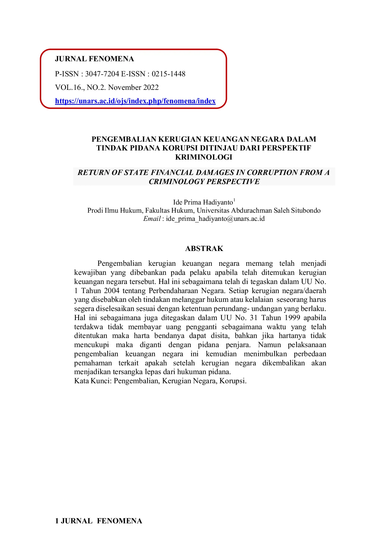 JURIS Pengembalian Kerugian Keuangan Negara dalam Tindak Pidana Korupsi Ditinjau dari Perspektif Kriminologi