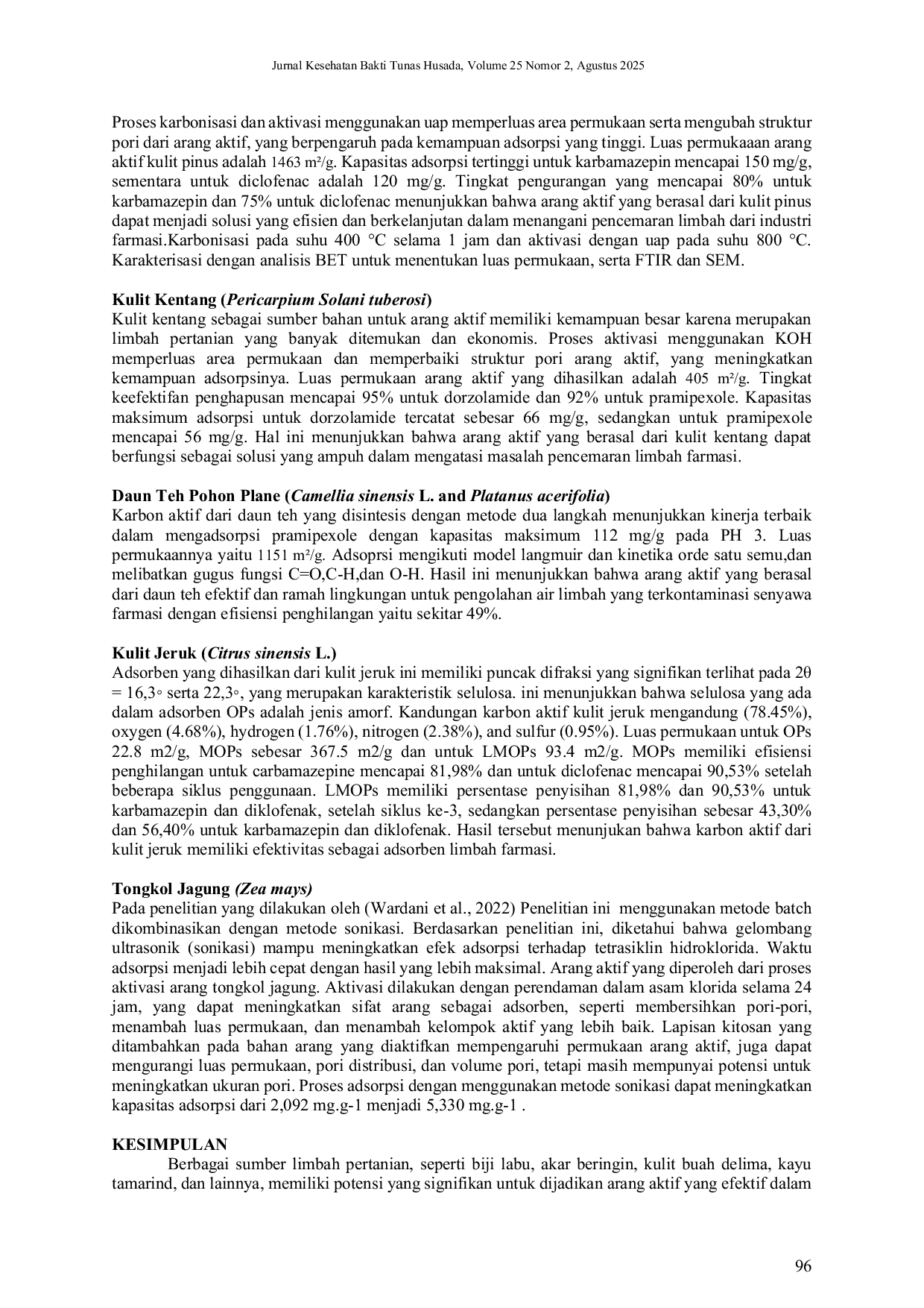 JURIS REVIEW ARTIKEL ANALISIS EFEKTIVITAS ARANG AKTIF BERBASIS TUMBUHAN SEBAGAI ADSORBEN UNTUK PENGOLAHAN LIMBAH FARMASI Effectiveness of Plant Activated Charcoal as Pharmaceutical Waste Adsorbent