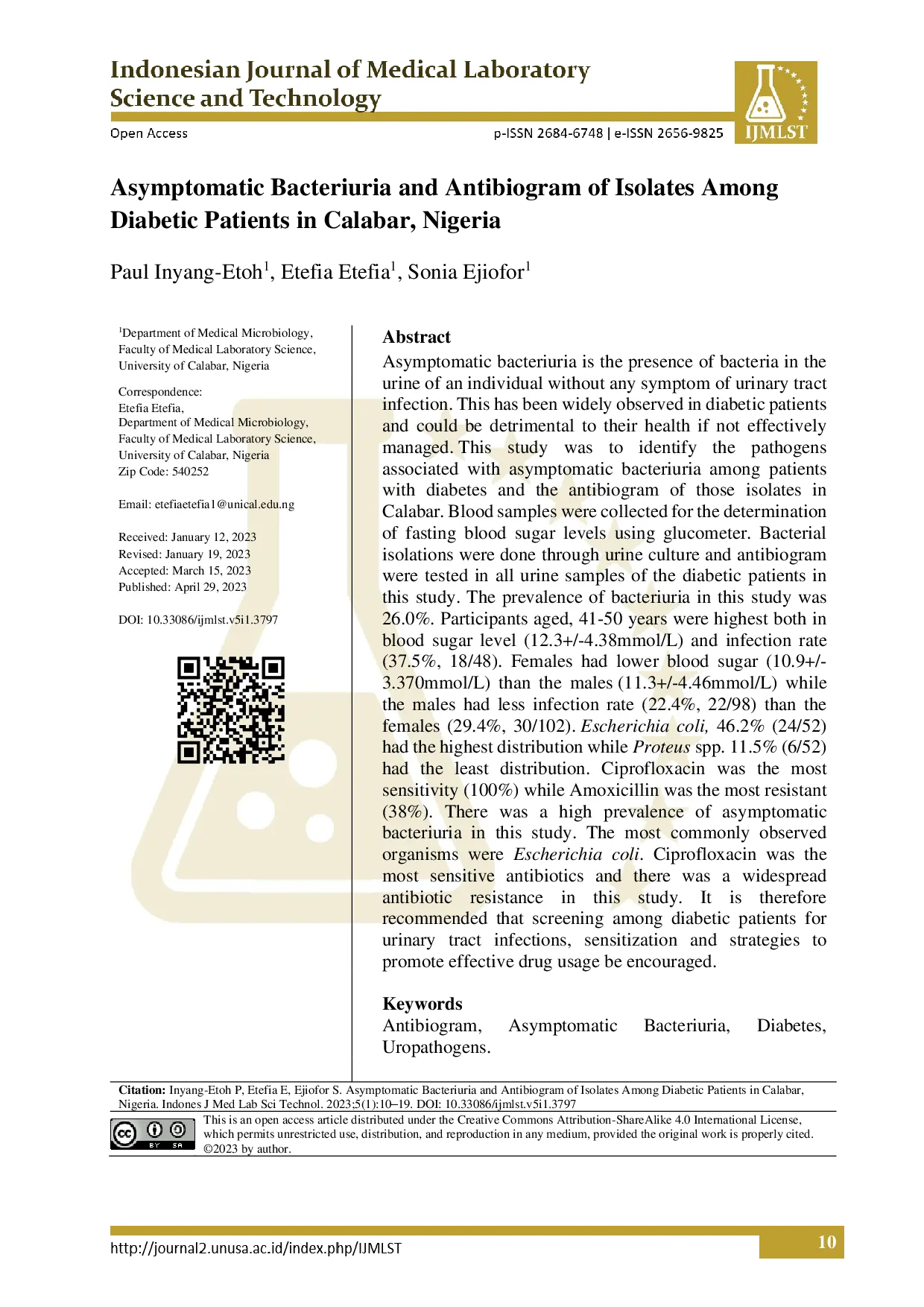 juris Asymptomatic Bacteriuria and Antibiogram of Isolates Among Diabetic Patients in Calabar Nigeria