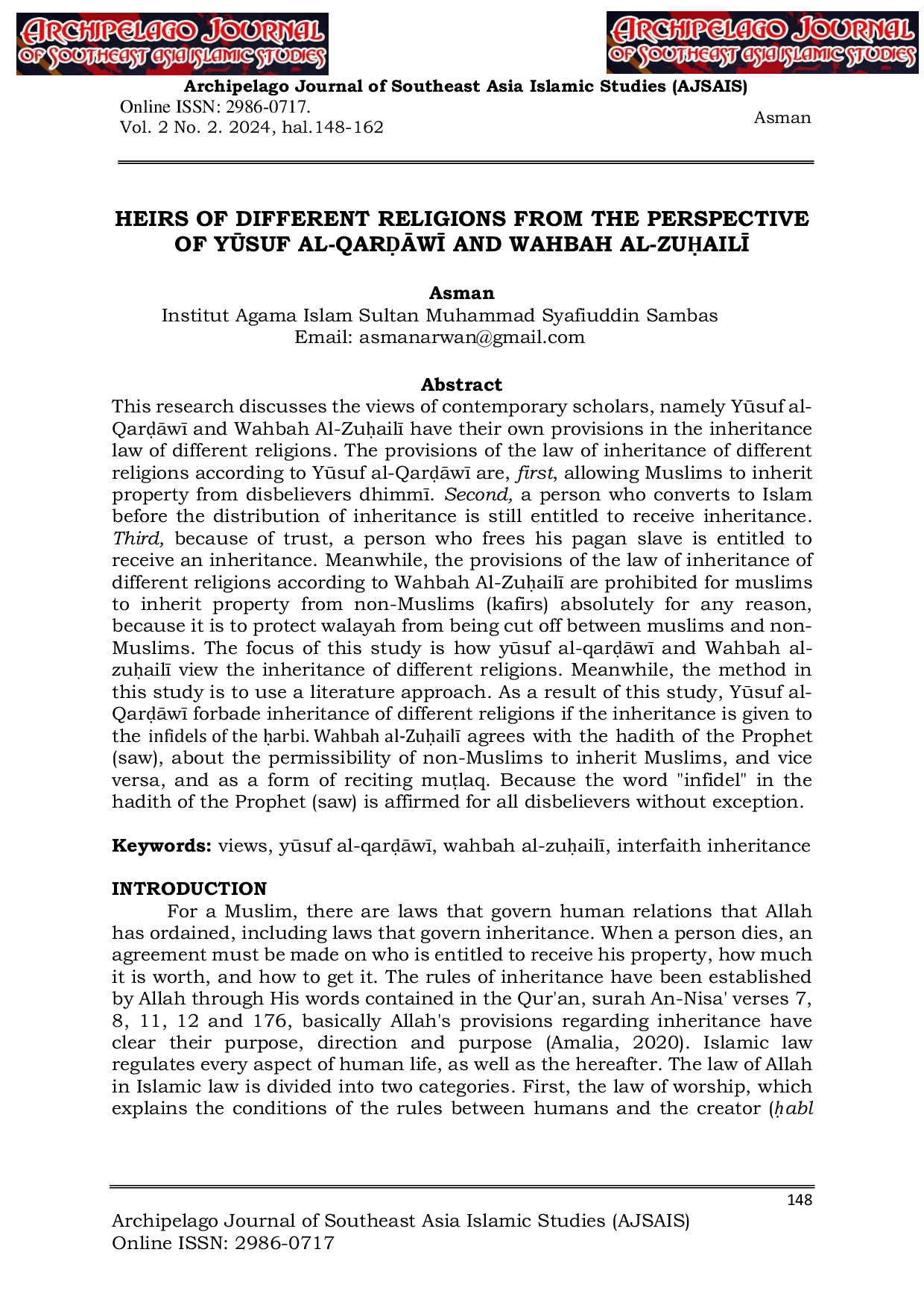 JURIS Heirs of Different Religions from the Perspective of Yusuf Al QarsAw and Wahbah Al Zuuail