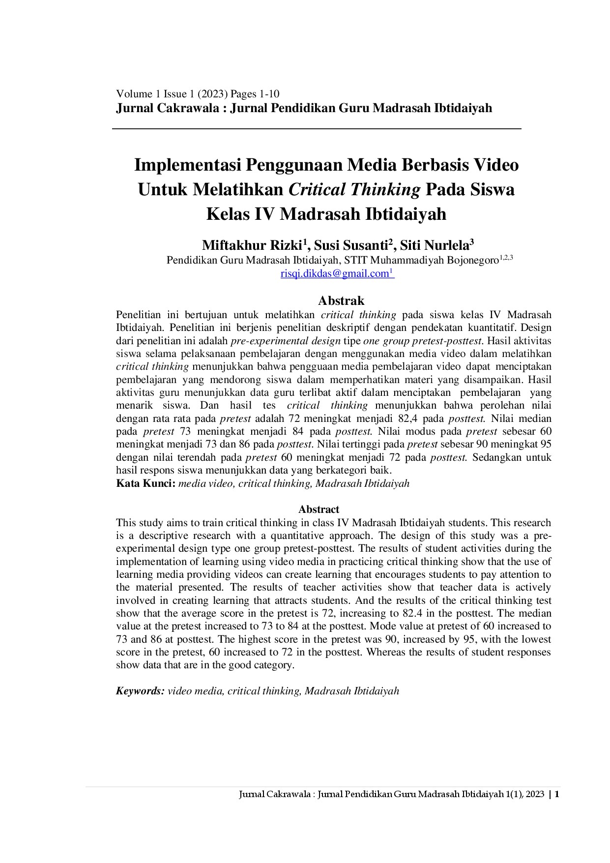 juris Implementasi Penggunaan Media Berbasis Video Untuk Melatihkan Critical Thinking Pada SiswaKelas IV Madrasah Ibtidaiyah