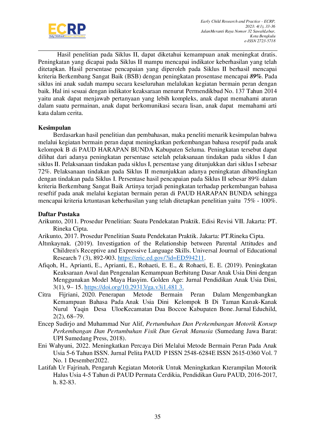 JURIS Peningkatan Perkembangan Bahasa Reseptif Anak Kelompok B Melalui Kegiatan Bermain Peran