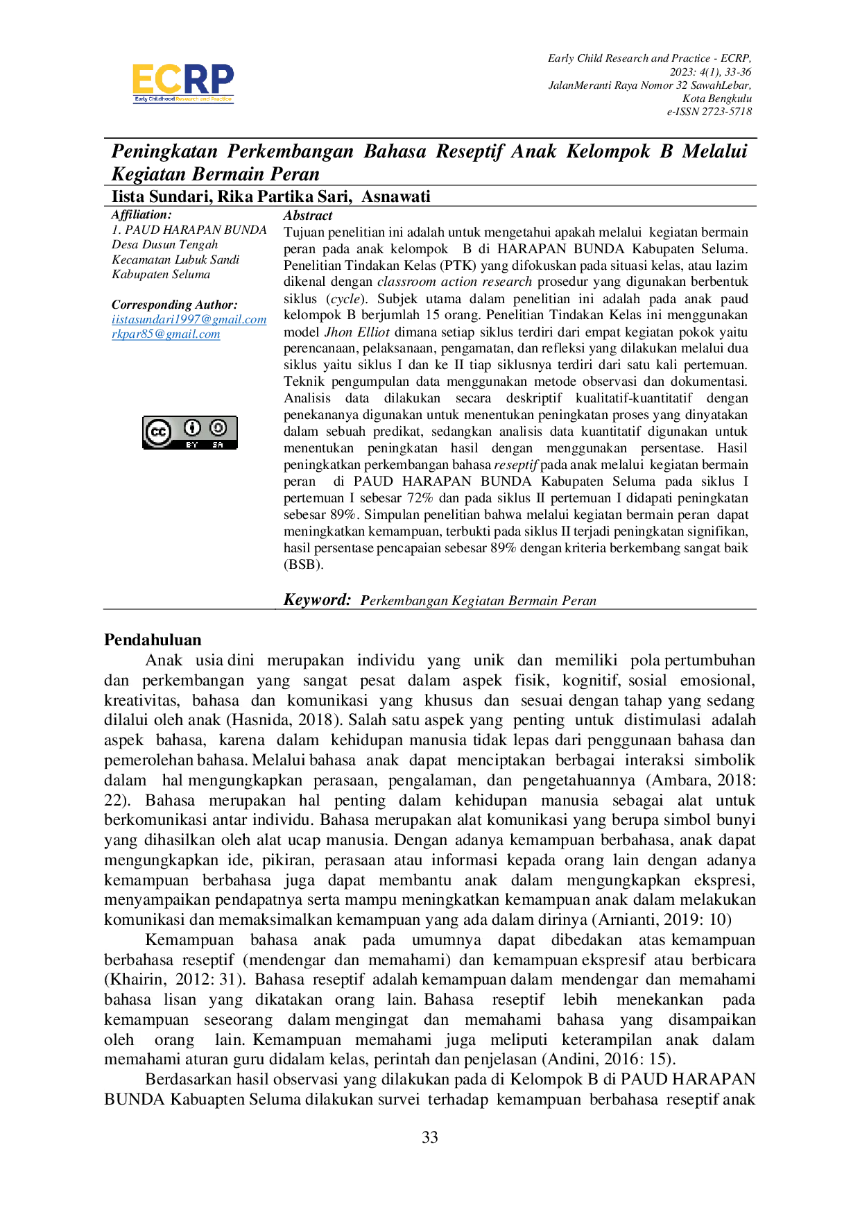 JURIS Peningkatan Perkembangan Bahasa Reseptif Anak Kelompok B Melalui Kegiatan Bermain Peran