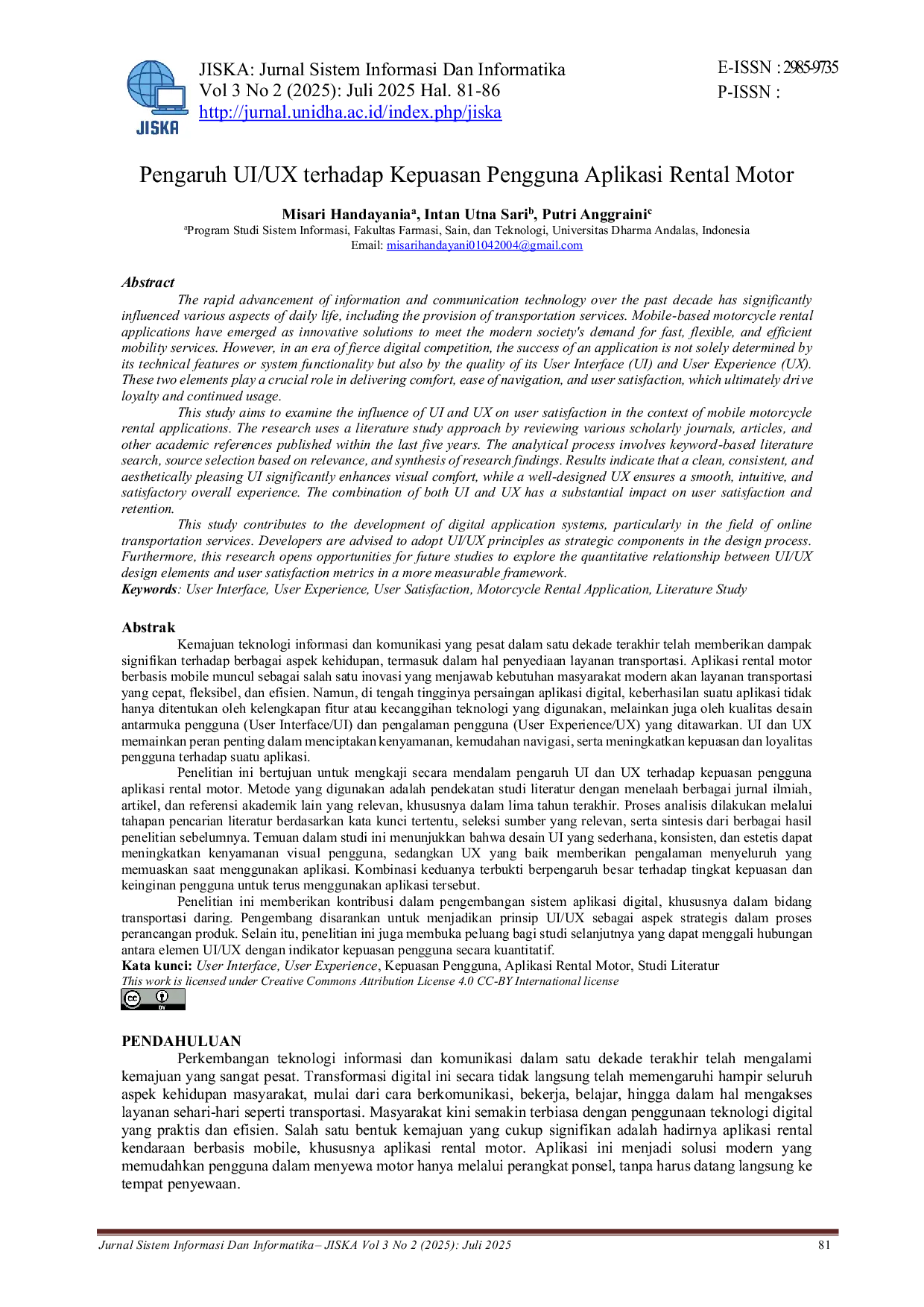 JURIS Pengaruh UI UX terhadap Kepuasan Pengguna Aplikasi Rental Motor