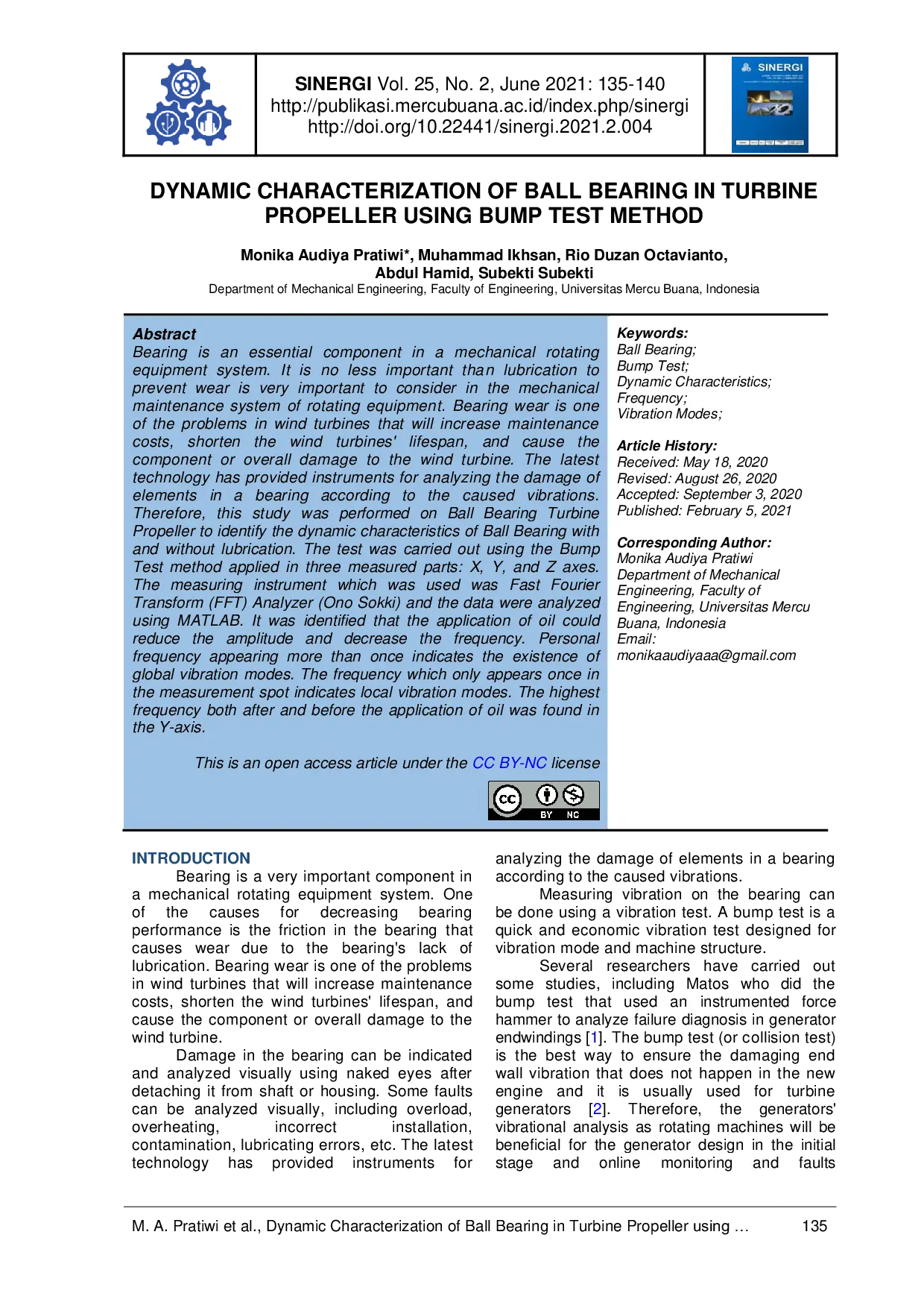 JURIS Dynamic Characterization Of Ball Bearing In Turbine Propeller Using Bump Test Method