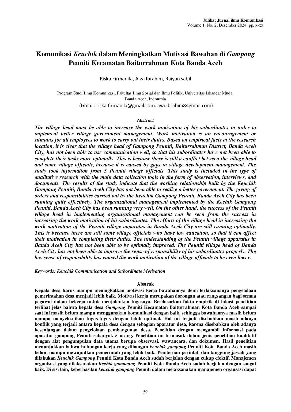 JURIS Komunikasi Keuchik dalam Meningkatkan Motivasi Bawahan di Gampong Peuniti Kecamatan Baiturrahman Kota Banda Aceh