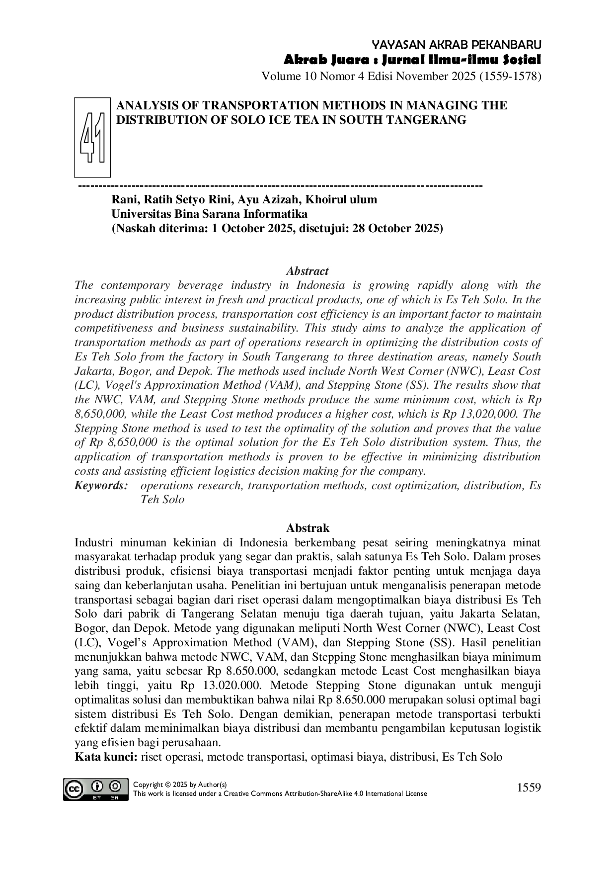 JURIS ANALYSIS OF TRANSPORTATION METHODS IN MANAGING THE DISTRIBUTION OF SOLO ICE TEA IN SOUTH TANGERANG