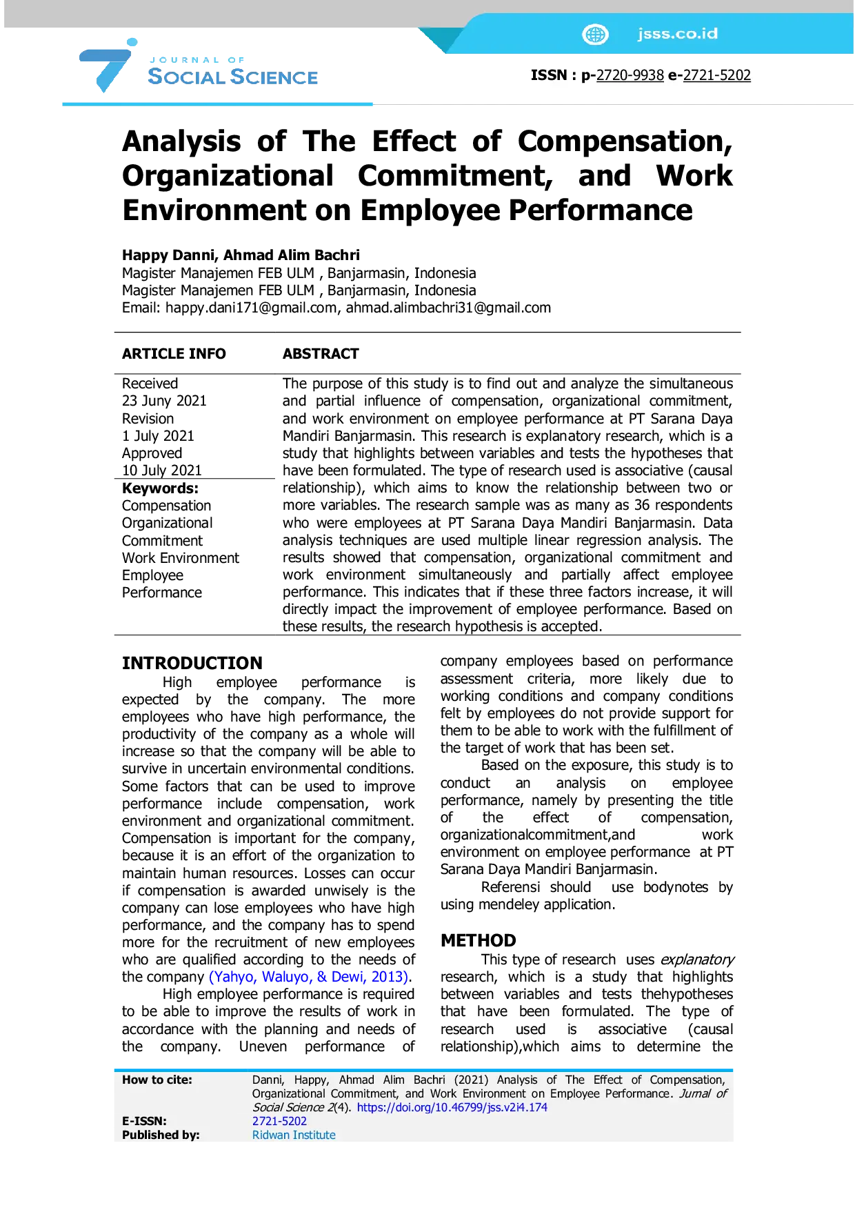 JURIS Analysis of The Effect of Compensation Organizational Commitment and Work Environment on Employee Performance