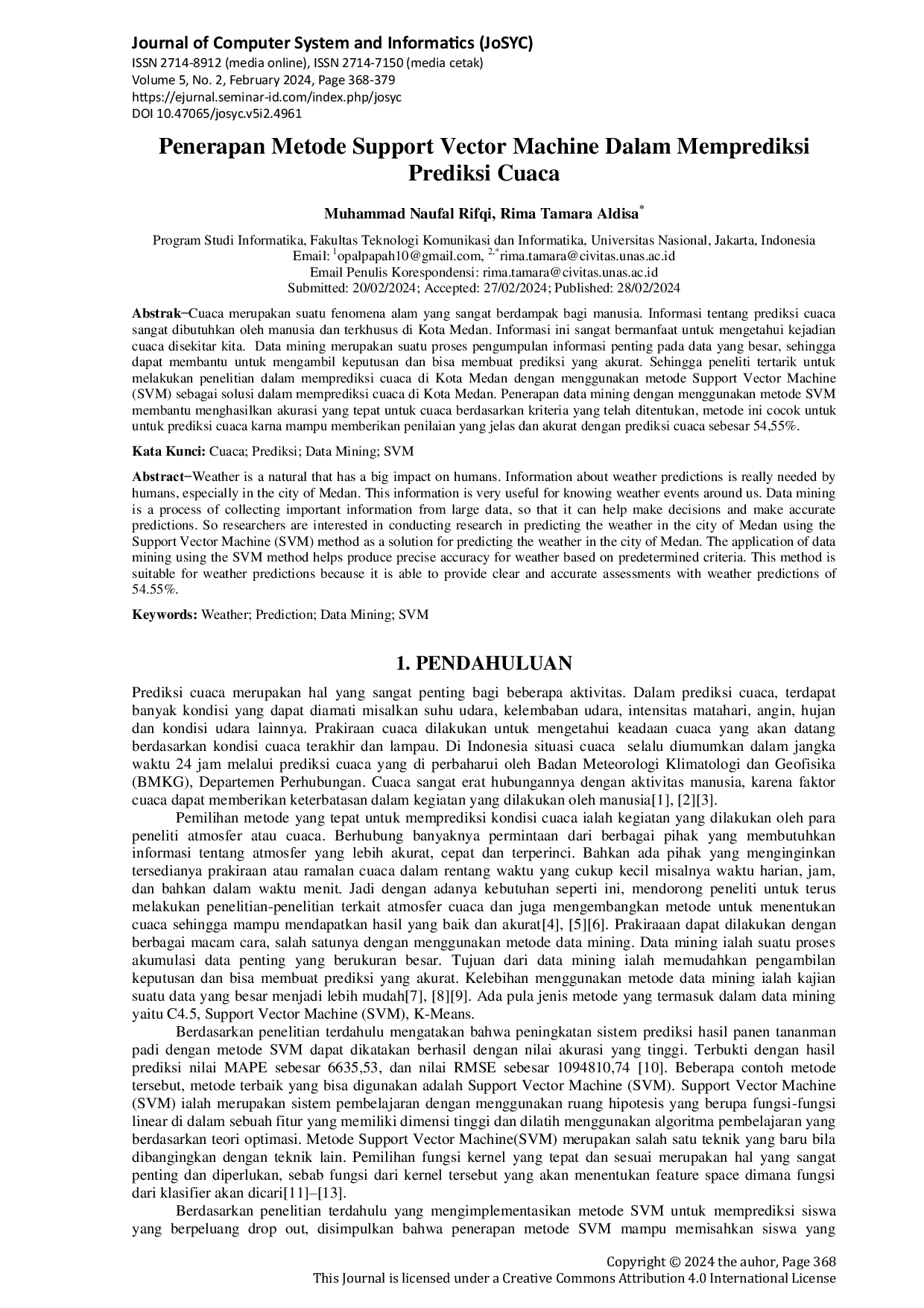JURIS Penerapan Metode Support Vector Machine Dalam Memprediksi Prediksi Cuaca