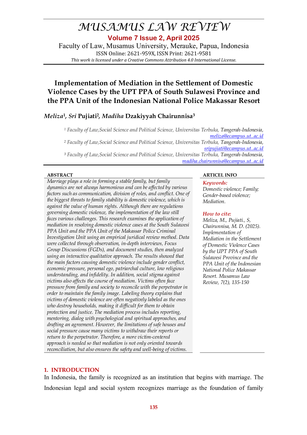 JURIS Implementasi Implementation of Mediation in the Settlement of Domestic Violence Cases by the UPT PPA of South Sulawesi Province and the PPA Unit of the Indonesian National Police Makassar Resort