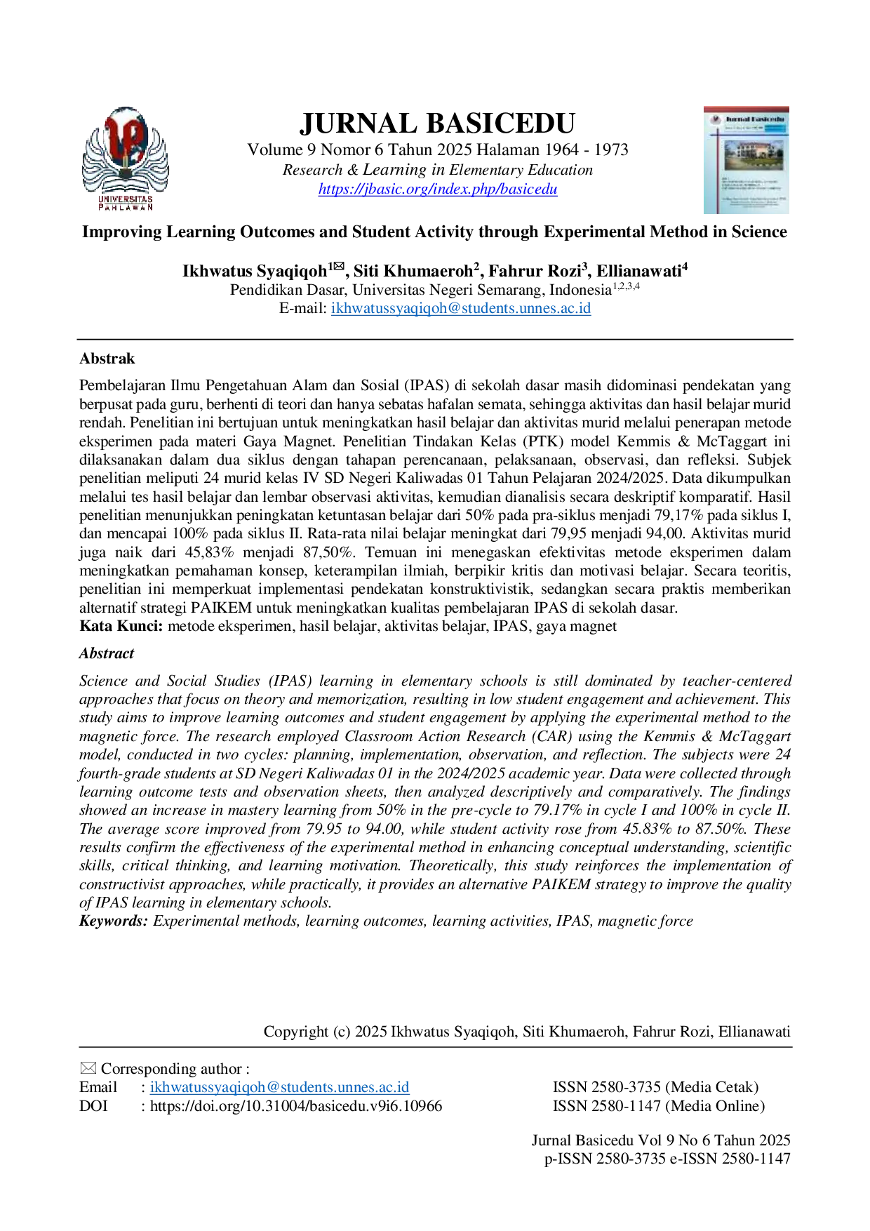 JURIS Improving Learning Outcomes and Student Activity through Experimental Method in Science