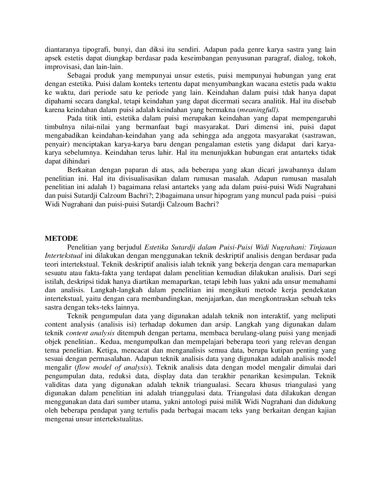 juris Estetika Sutardji dalam Puisi Puisi Widi Nugrahani Tinjauan Intertekstual